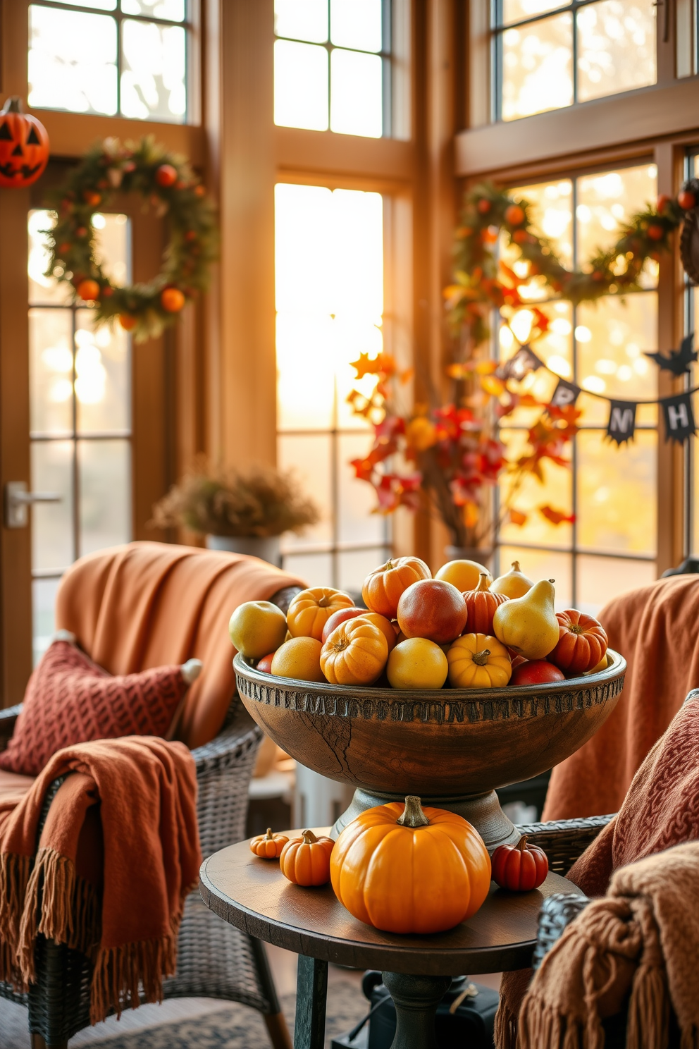 A cozy sunroom decorated for Halloween features glass cloches filled with seasonal items like miniature pumpkins and spooky figurines. The sunlight filters through sheer curtains, casting playful shadows on the warm wooden floor, enhancing the festive atmosphere.