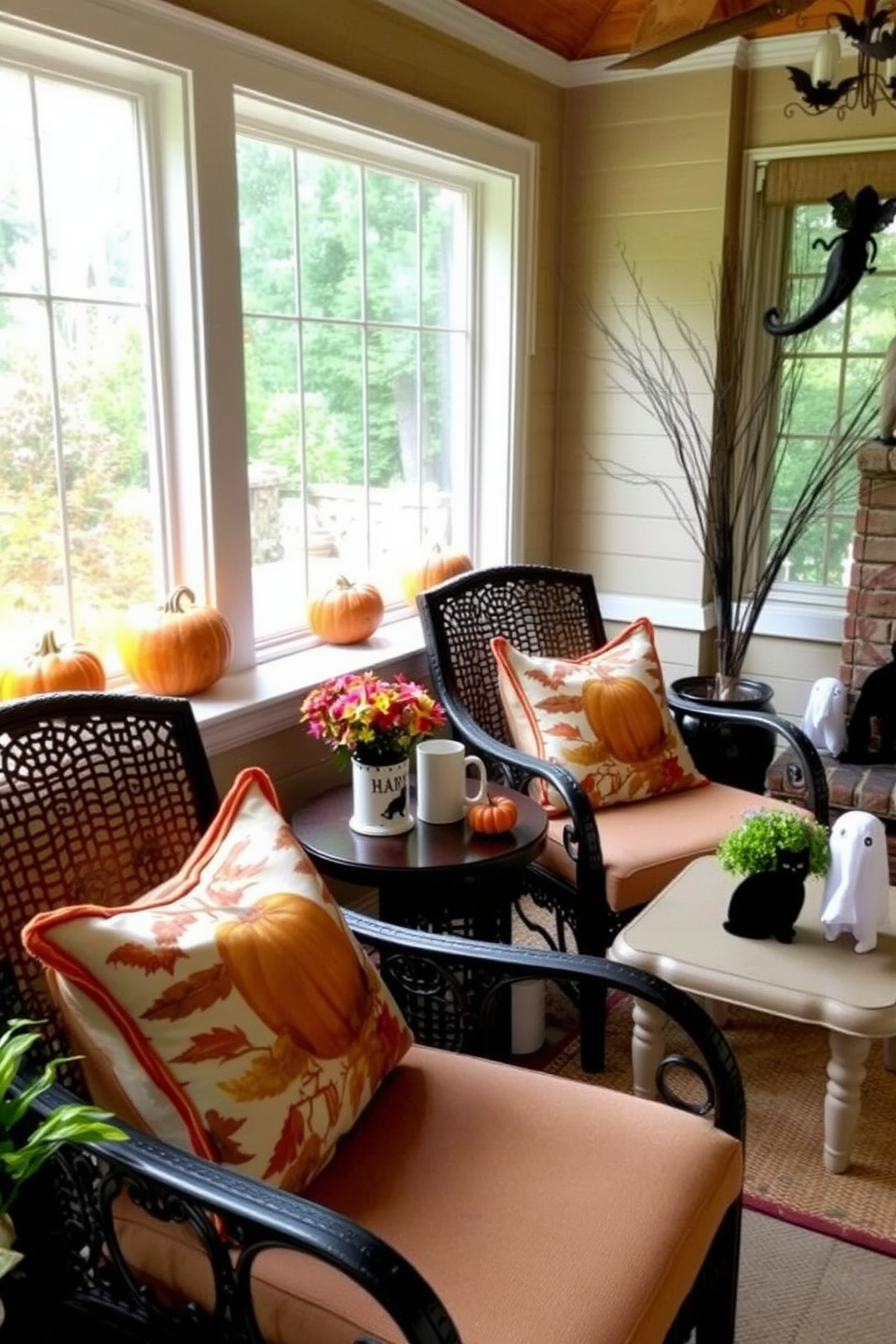 Harvest themed pillows adorn the comfortable chairs in the sunroom. The decor features warm autumn colors, with pumpkins and gourds placed on the window sills, creating a cozy and inviting atmosphere. Halloween decorations add a playful touch to the sunroom. Spooky accents like black cats and ghostly figures are subtly incorporated, enhancing the festive spirit while maintaining an elegant design.