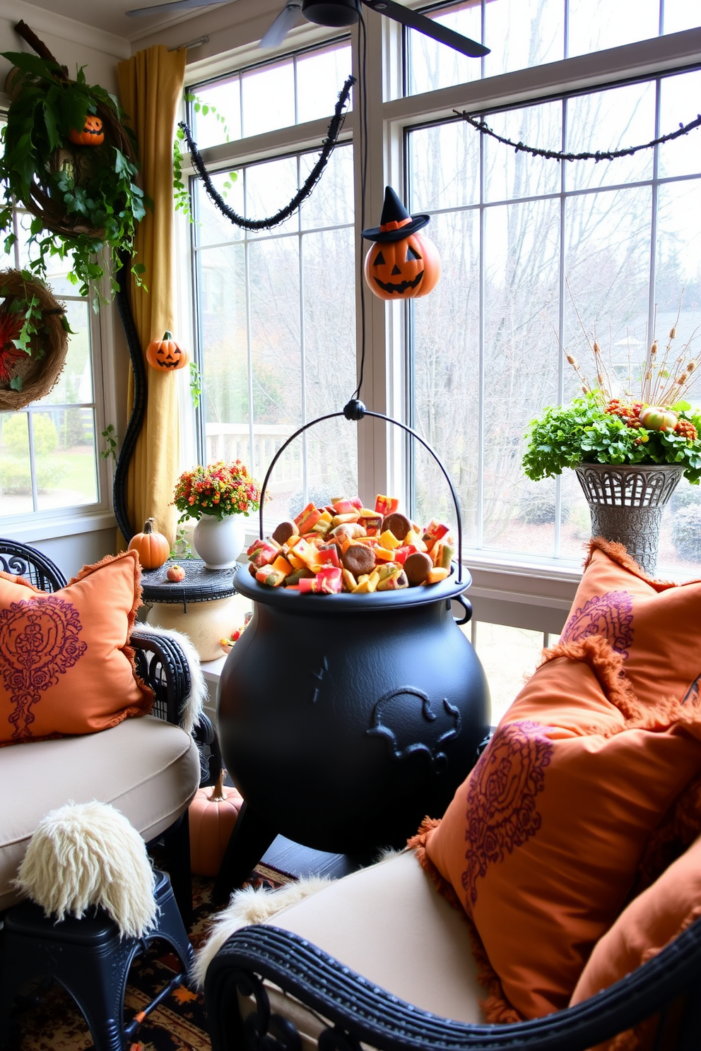 A seasonal table setting featuring themed plates with intricate designs celebrating Halloween. The table is adorned with a rich orange tablecloth, complemented by black and purple accents, and surrounded by stylish chairs. In the sunroom, vibrant decorations create a cozy atmosphere, with plush seating and large windows allowing natural light to flood the space. The decor includes autumn-themed cushions and a centerpiece of pumpkins and gourds, enhancing the seasonal charm.