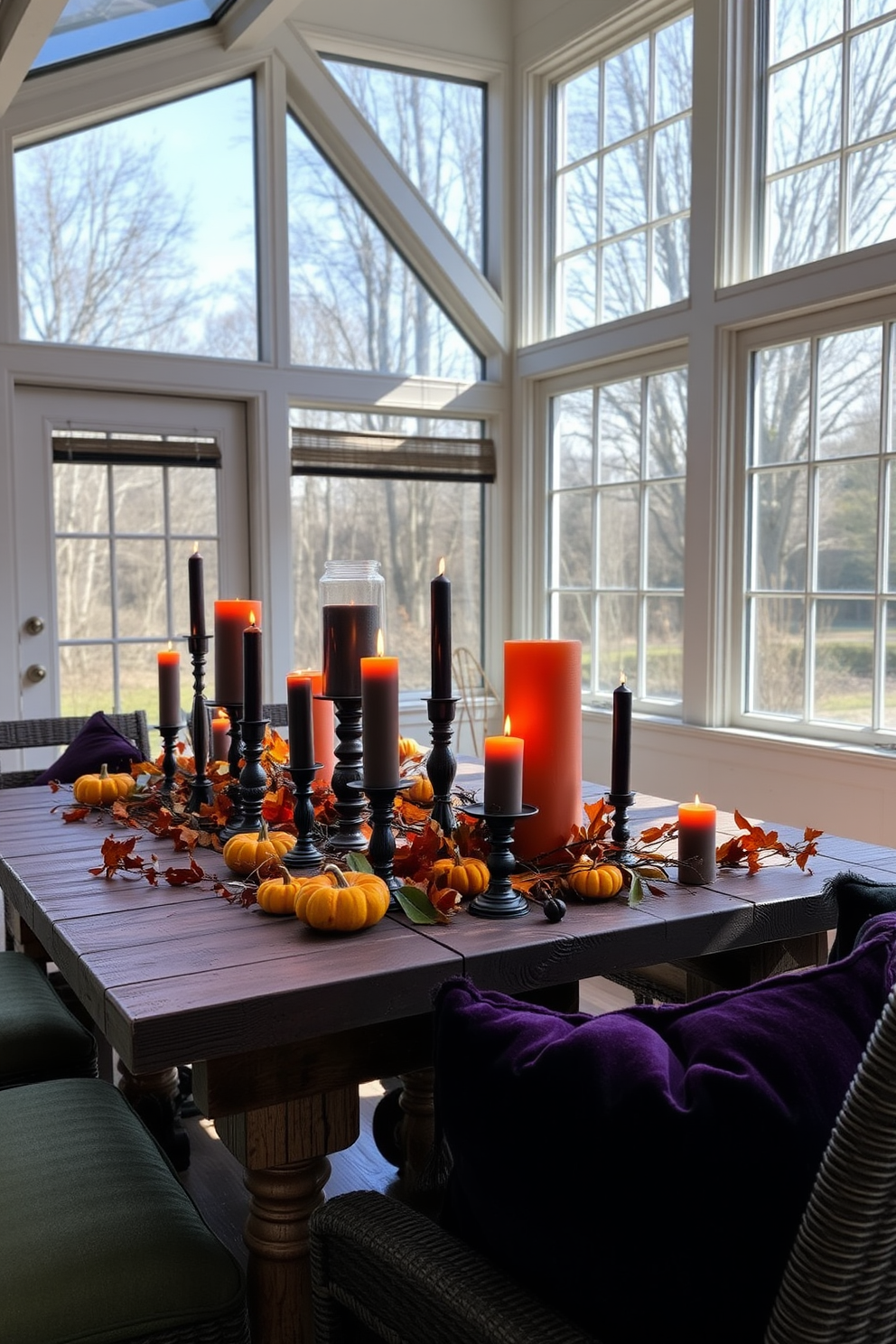 Eerie candle arrangements flicker on a rustic wooden table, casting haunting shadows across the room. The table is adorned with an assortment of black and orange candles in various heights, surrounded by autumn leaves and small pumpkins for a festive Halloween touch. The sunroom features large windows that allow natural light to pour in, enhancing the spooky ambiance. Cozy seating is arranged around the table, with plush cushions in deep purple and green hues, inviting guests to enjoy the seasonal decor.