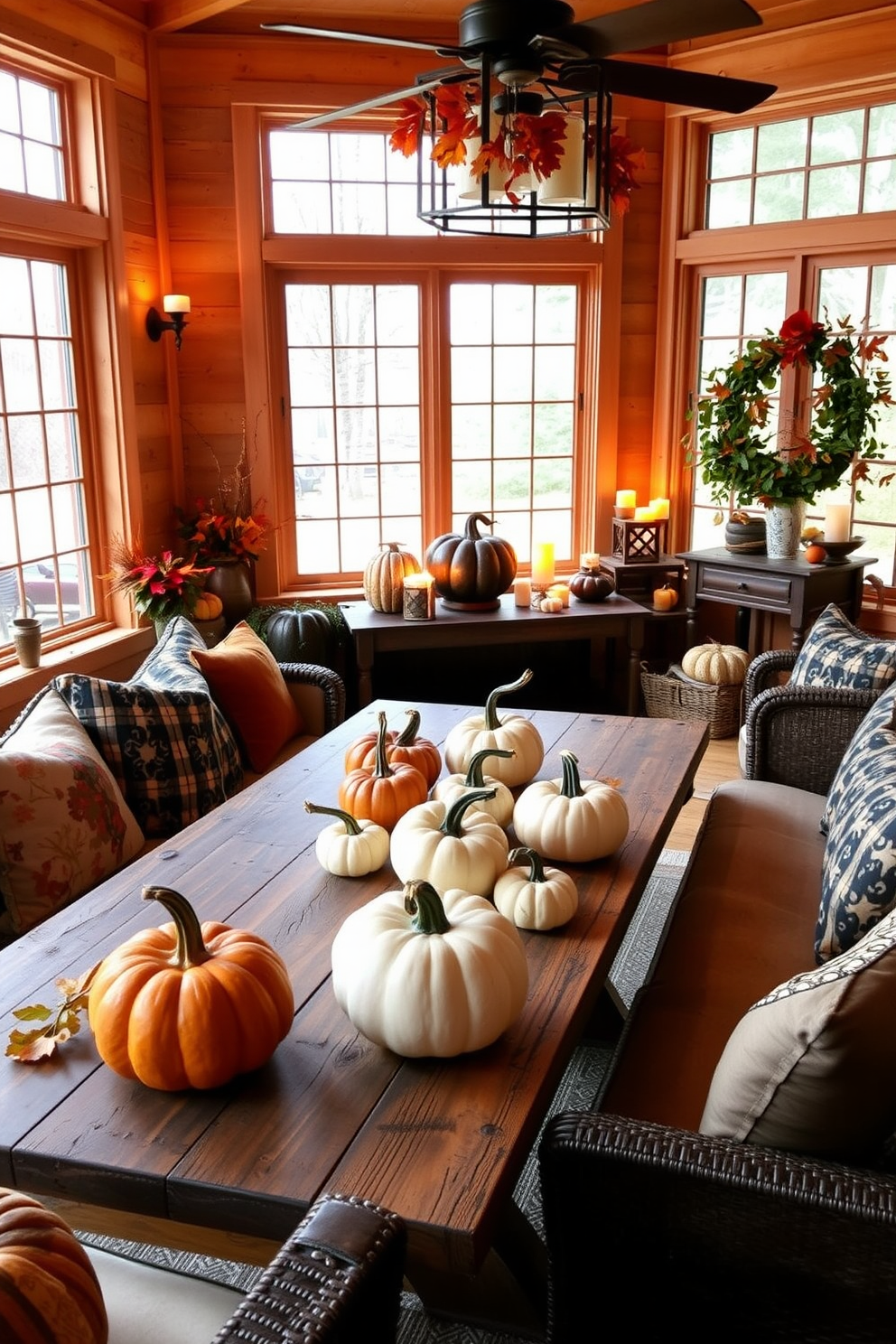 Create a cozy sunroom adorned with pumpkin centerpieces that capture the spirit of Halloween. The pumpkins vary in size and color, arranged artfully on a rustic wooden table surrounded by comfortable seating. Soft, warm lighting enhances the inviting atmosphere, while seasonal decorations like autumn leaves and candles add to the festive charm. Large windows allow natural light to flood the space, creating a perfect setting for relaxation and celebration.