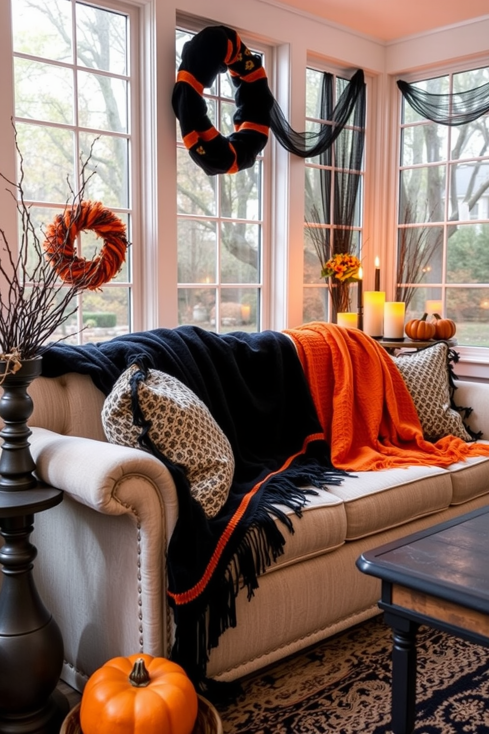 A cozy sunroom adorned for Halloween features black and orange throw blankets elegantly draped over a plush sofa. The space is enhanced with seasonal decorations like small pumpkins and flickering candles, creating a warm and inviting atmosphere.