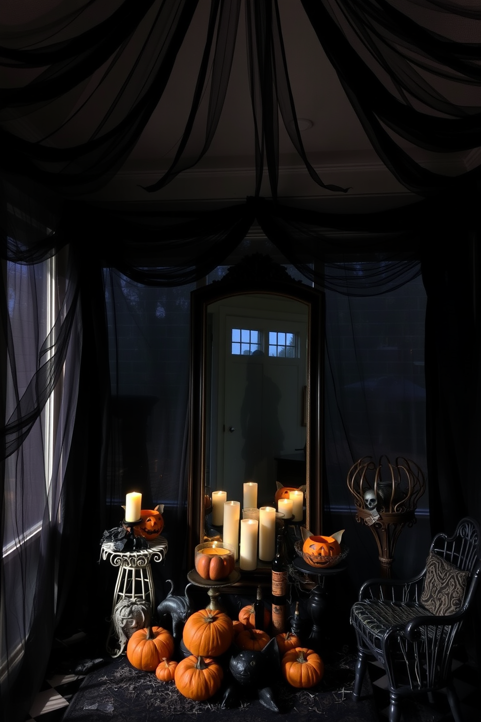 A cozy sunroom decorated for Halloween features vintage postcards hanging on the walls, showcasing classic Halloween imagery like black cats and pumpkins. The room is filled with warm autumn colors, with plush seating and soft throw blankets inviting relaxation while enjoying the festive decor.