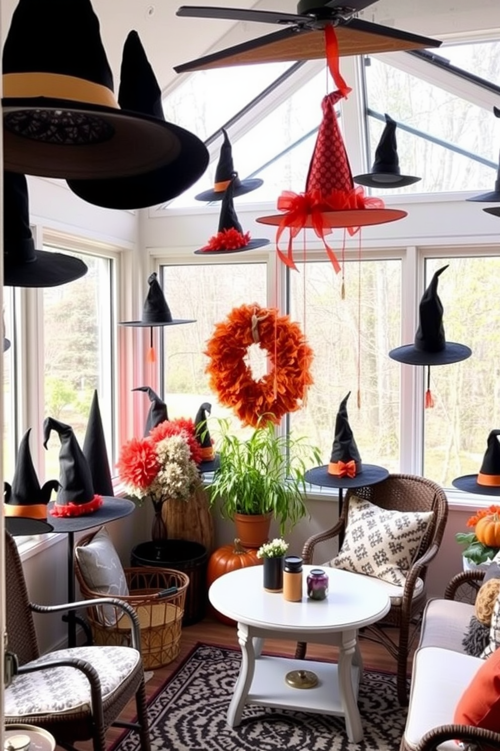 A cozy sunroom adorned with witch hats as decorative accents. The hats are playfully arranged on shelves and hung from the ceiling, creating a whimsical atmosphere perfect for Halloween.