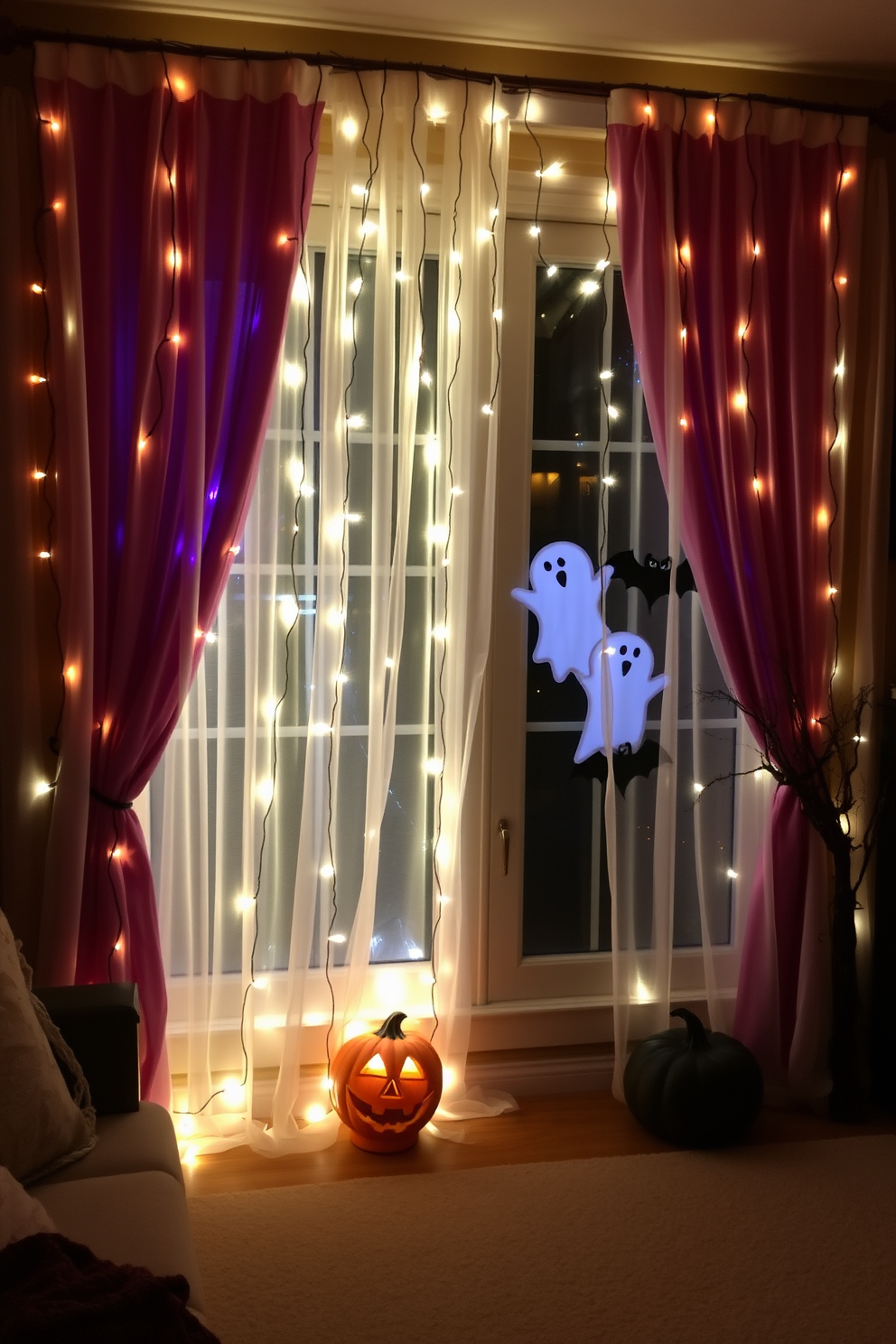 A spooky Halloween window display featuring a projector casting eerie scenes onto the glass. The window is adorned with cobwebs, fake spiders, and illuminated pumpkins to enhance the haunting atmosphere.