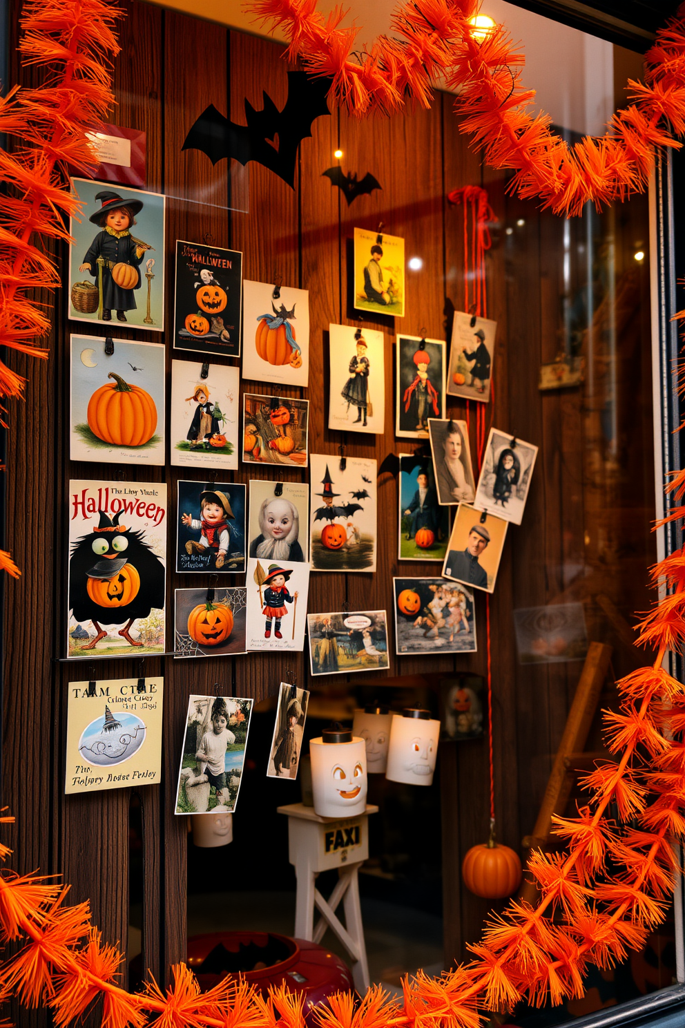 Hanging paper lanterns in various sizes are suspended from the ceiling, each adorned with playful ghost faces that add a whimsical touch to the Halloween decor. The window is framed with sheer black curtains, allowing the soft glow of the lanterns to illuminate the room while creating an enchanting atmosphere.