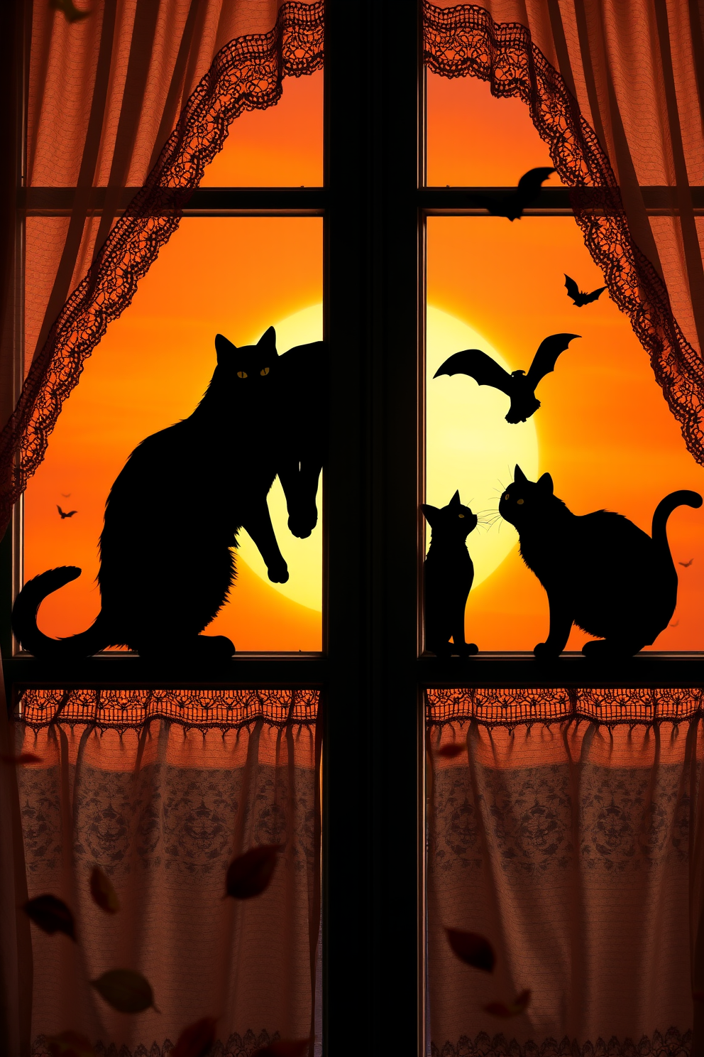 Silhouetted black cats are playfully perched on window panes, casting whimsical shadows against the backdrop of a glowing orange sky. The window frames are adorned with intricate lace curtains, and autumn leaves gently flutter outside, enhancing the Halloween spirit.