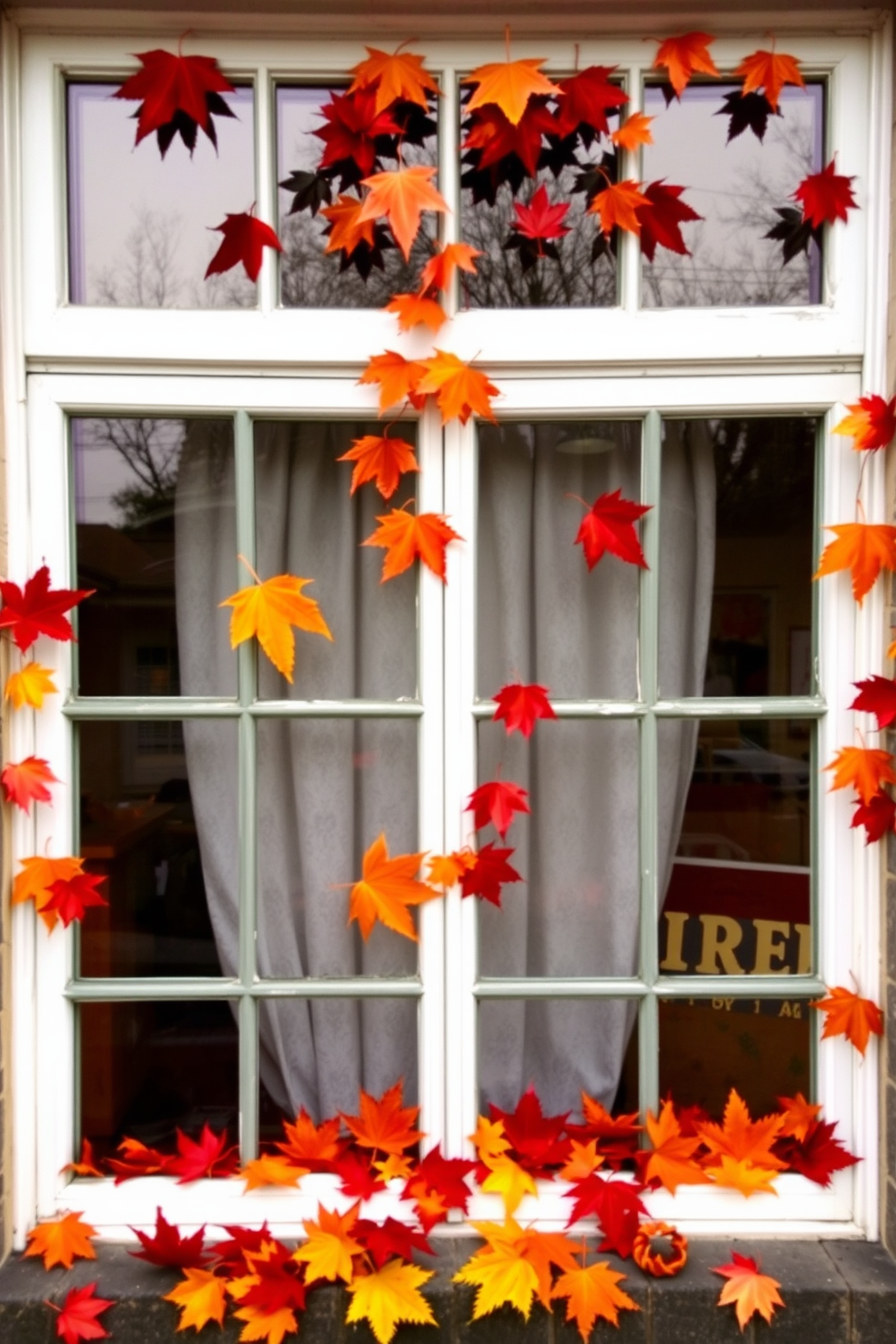 A cozy window display adorned with autumn leaves in vibrant shades of orange and red. The leaves are gently scattered on the window ledges, creating a warm and inviting atmosphere for the Halloween season.