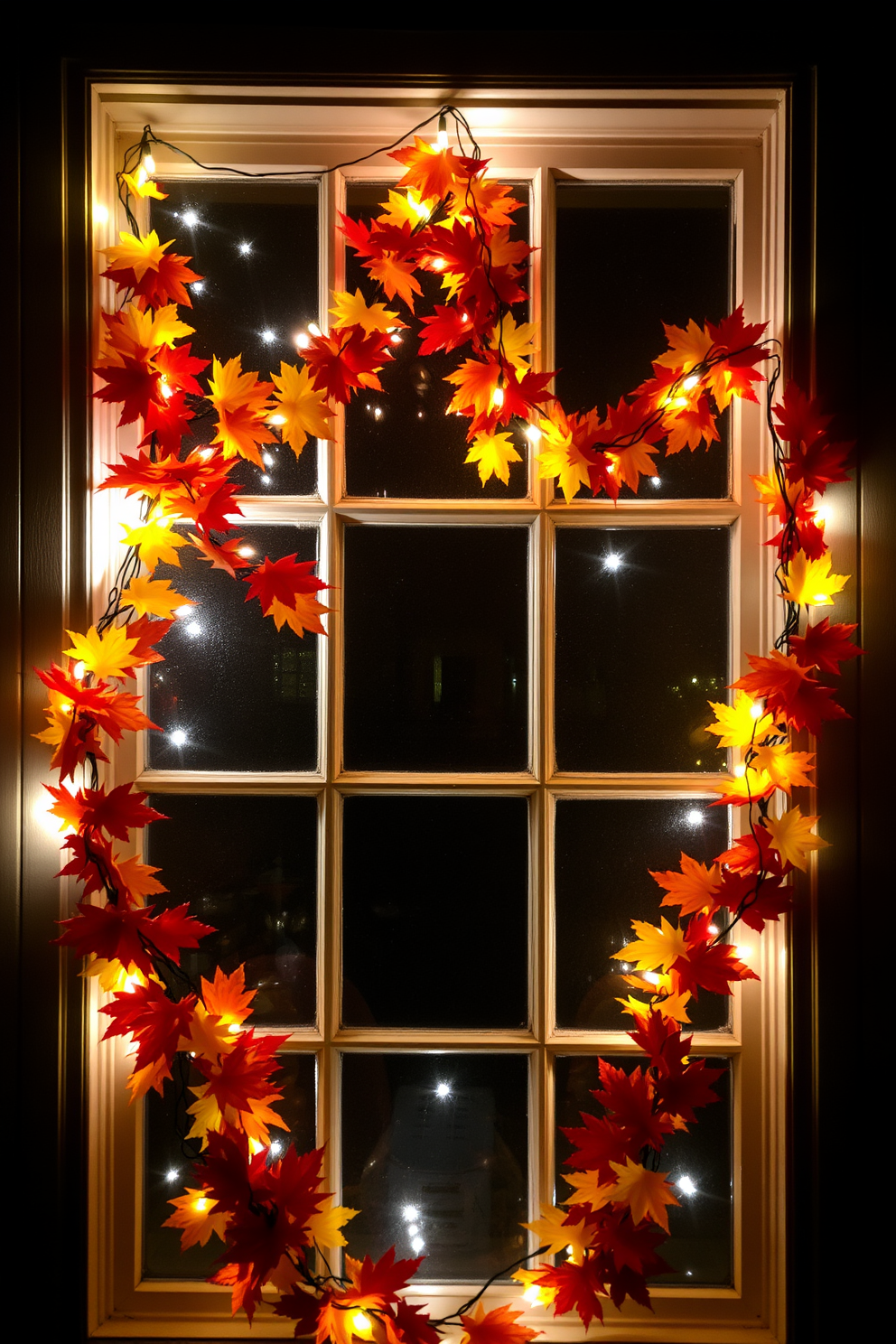 A vibrant window display featuring colorful autumn leaves intertwined with Halloween decorations. The scene includes pumpkins of various sizes, spooky silhouettes, and twinkling fairy lights to create a festive atmosphere.