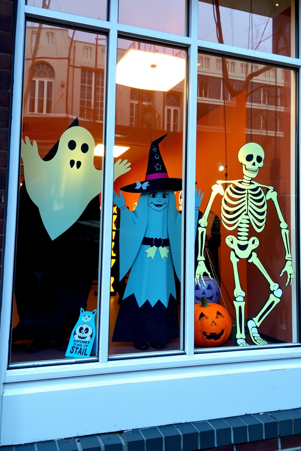 Giant cardboard cutouts of spooky figures are placed in the windows creating a haunting atmosphere. The figures include a ghost, a witch, and a skeleton, all painted in vibrant colors to attract attention.