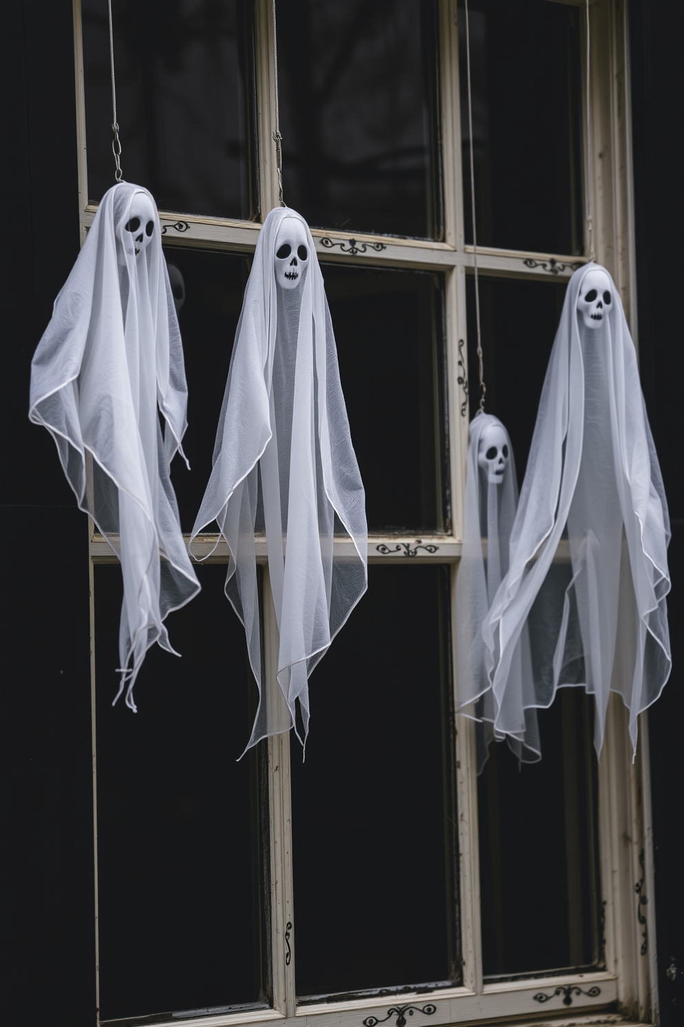 A spooky Halloween scene featuring ghostly figures suspended from window frames. The figures are made of sheer white fabric, gently swaying in the breeze, creating an eerie atmosphere.