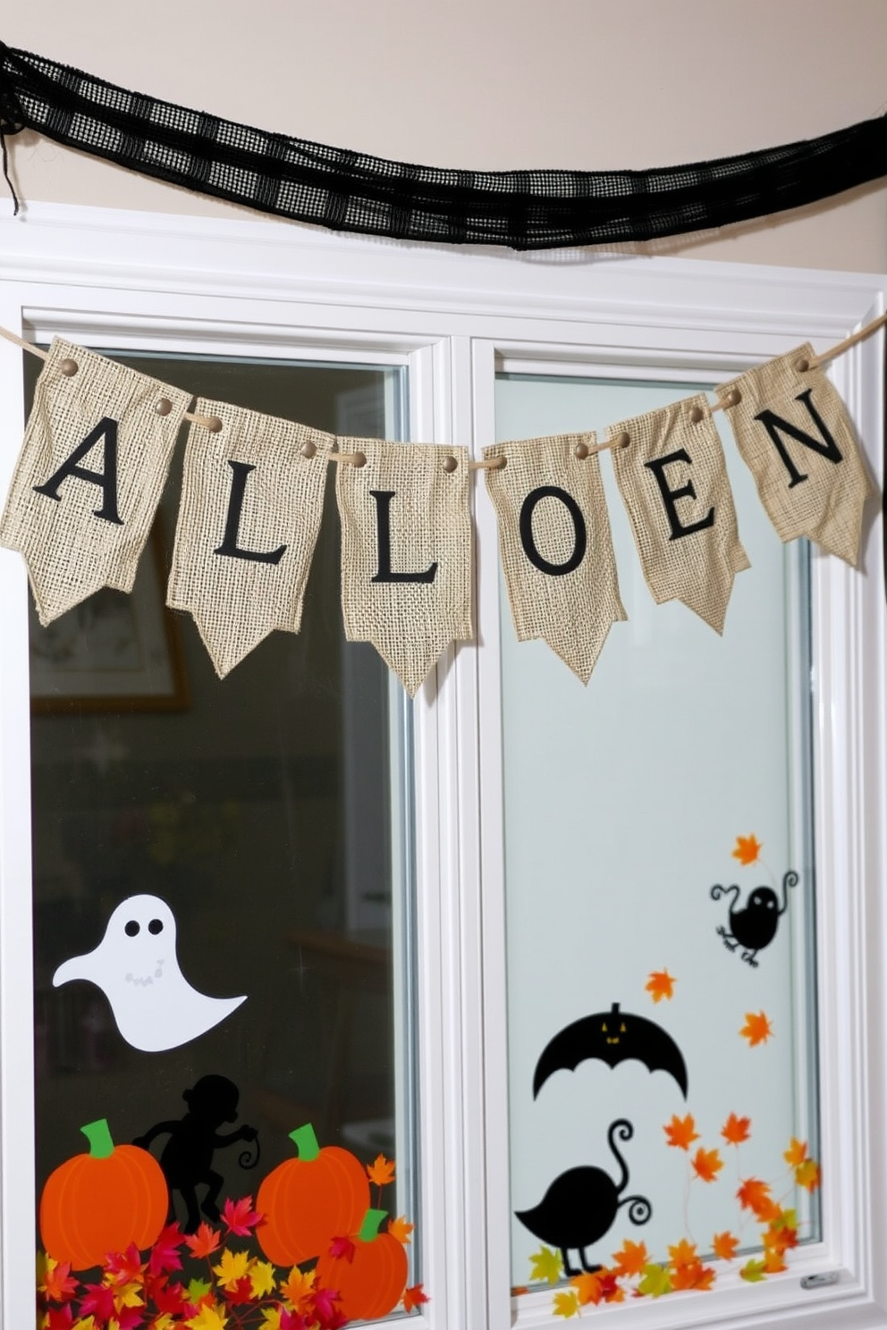 A spooky silhouette of a haunted house looms against a full moon backdrop. The window is adorned with cobwebs and ghostly figures, creating an eerie Halloween atmosphere.