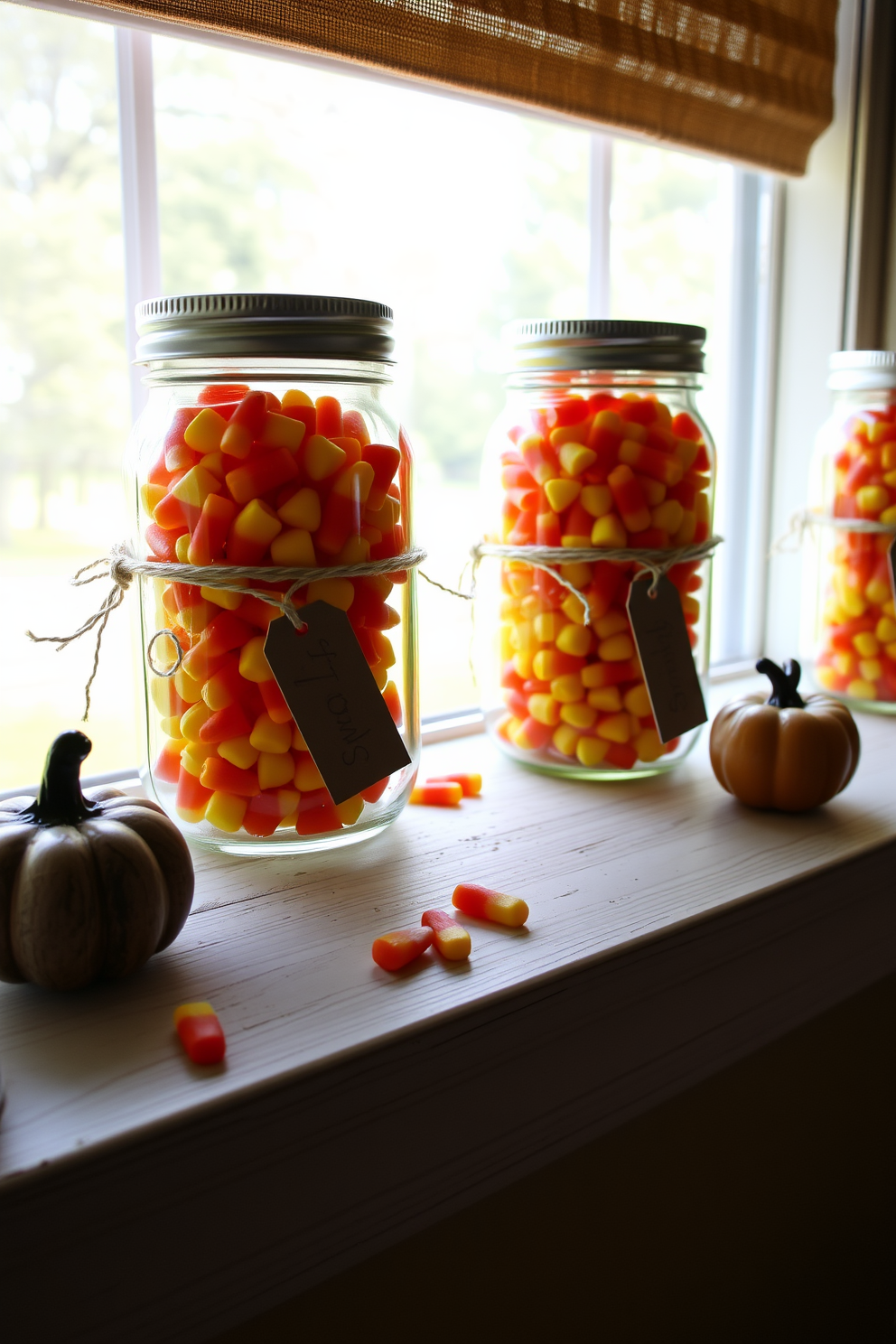 Mason jars filled with vibrant candy corn are arranged on a rustic wooden windowsill. The jars are adorned with twine and small tags, creating a festive and inviting Halloween display.