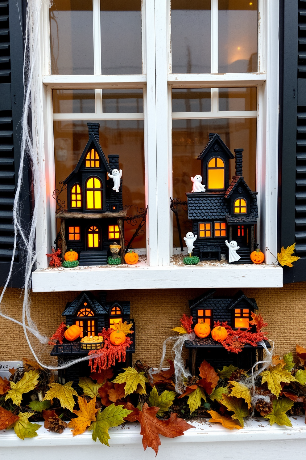 Miniature haunted houses are creatively arranged in charming window boxes, each featuring spooky elements like tiny ghosts and glowing jack-o'-lanterns. The window boxes are adorned with autumn leaves and cobwebs, creating a festive Halloween atmosphere that invites curiosity and delight.