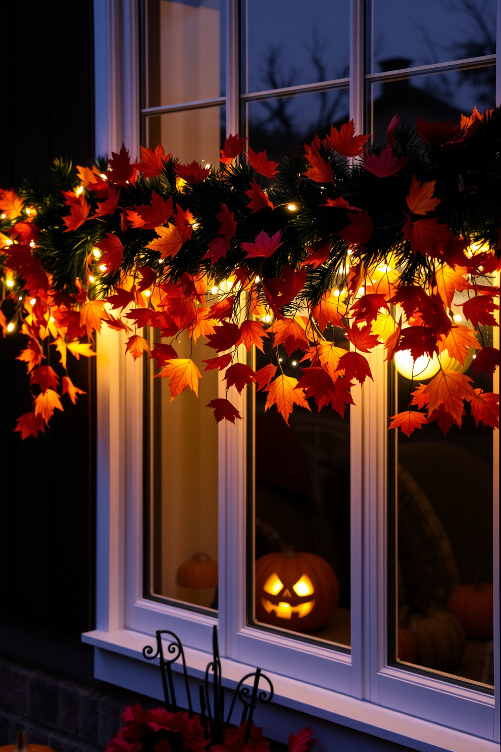 A spooky Halloween window scene filled with creepy spider webs intricately woven across the glass. Plastic spiders of various sizes are strategically placed within the webs, adding an eerie touch to the festive display.