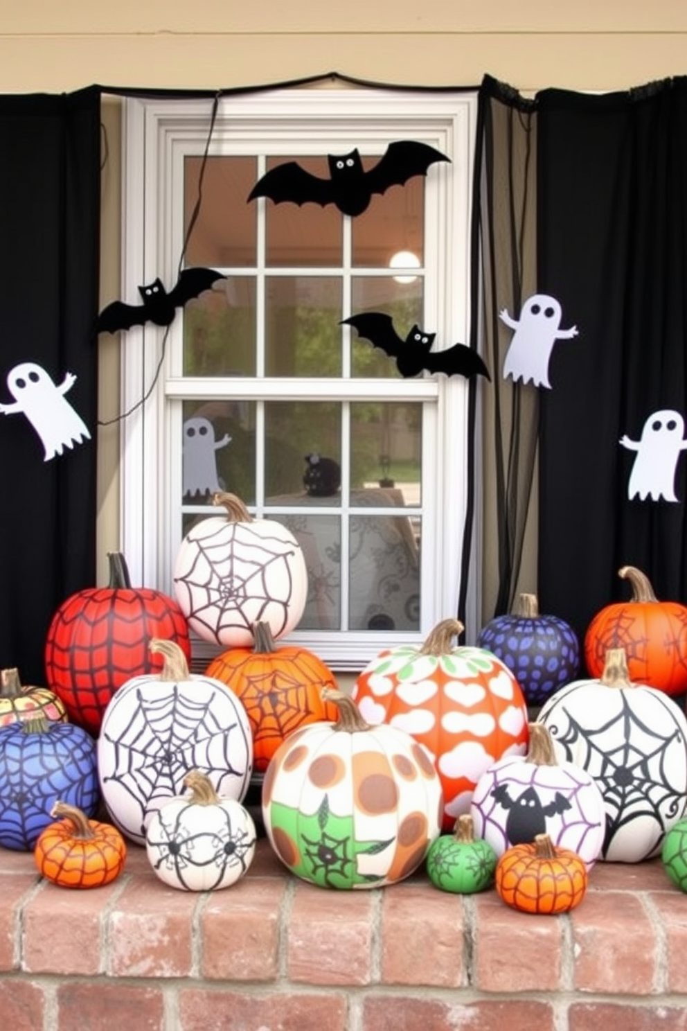 DIY painted pumpkins with unique designs create a whimsical and festive atmosphere for Halloween. Arrange the pumpkins in various sizes on your front porch, each featuring intricate patterns and vibrant colors that reflect your personal style. For Halloween window decorating ideas, use sheer black curtains adorned with spider web patterns. Hang ghostly silhouettes and bats made from cardstock in your windows to enhance the spooky ambiance.