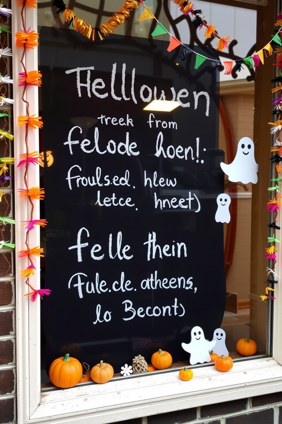 A whimsical window setting featuring chalkboard paint where seasonal messages are creatively displayed. The window is adorned with Halloween-themed decorations such as miniature pumpkins, ghost cutouts, and colorful garlands.