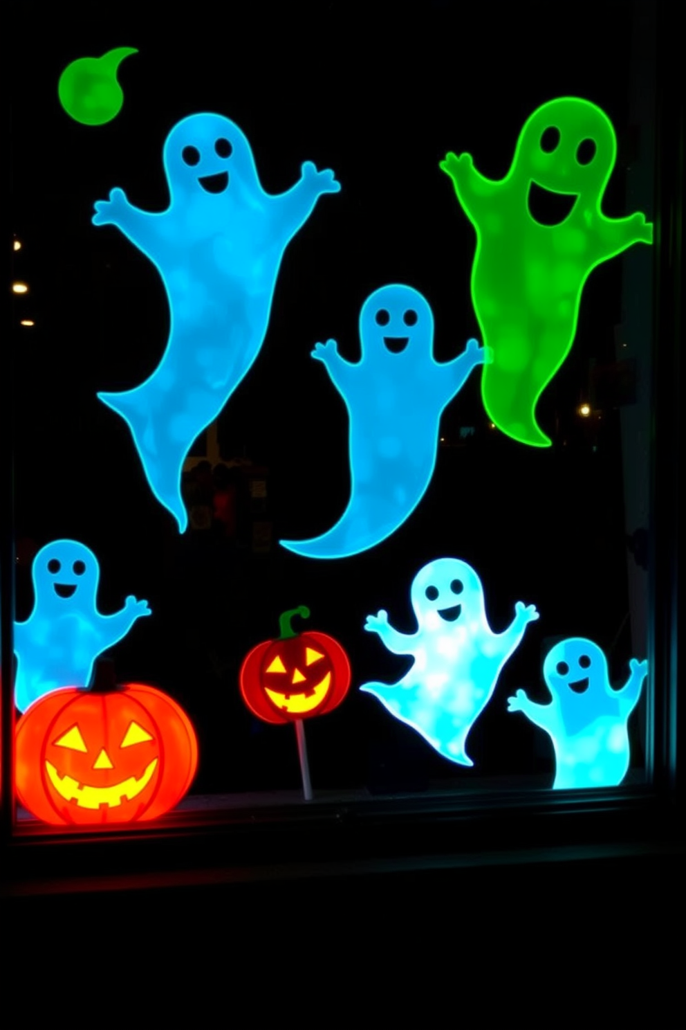 A whimsical Halloween window display featuring hanging skeletons in various poses. The skeletons are adorned with colorful accessories and are positioned to create a playful and spooky atmosphere.