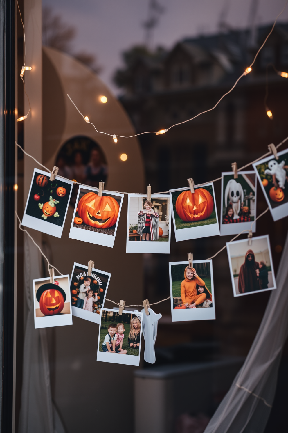 Decorative skeletons are climbing the window, their bony fingers gripping the edges as they peek inside. The scene is enhanced with eerie lighting, casting shadows that dance across the windowpane, creating a spooky atmosphere.