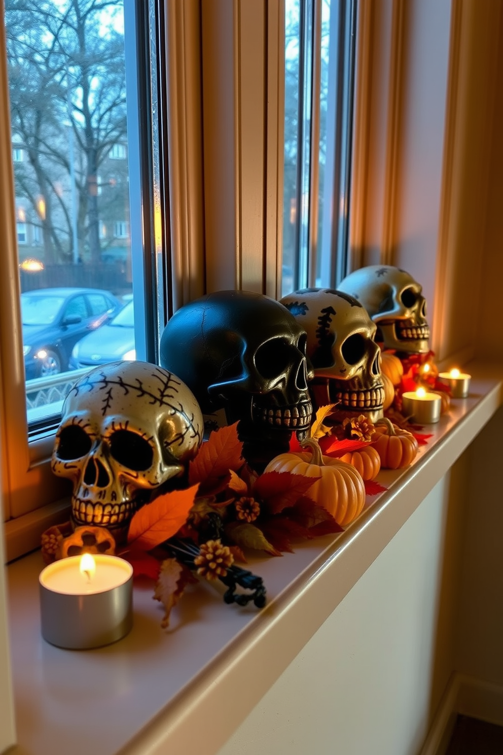 Decorative skulls are artfully arranged on window sills, adding a spooky yet stylish touch to the Halloween decor. Each skull features unique designs and textures, creating an eye-catching display that captures the spirit of the season. Soft candlelight flickers beside the skulls, casting eerie shadows that enhance the Halloween atmosphere. Seasonal elements like autumn leaves and miniature pumpkins are interspersed among the skulls, enriching the overall festive theme.