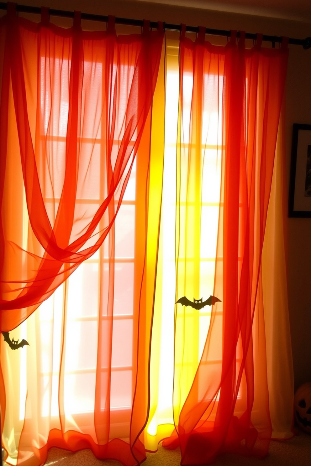 Layered sheer curtains in vibrant Halloween colors create a whimsical atmosphere in the room. The curtains gently filter the light, casting playful shadows that enhance the festive spirit of the season.