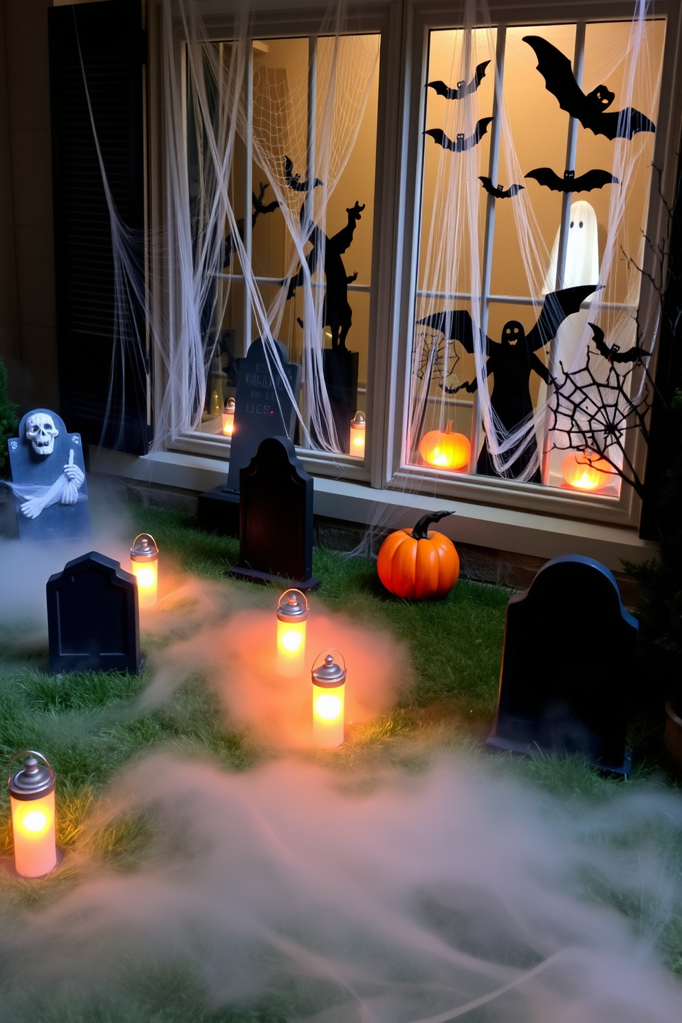 Faux graveyard scene with eerie tombstones scattered across a misty lawn. Flickering lanterns illuminate the pathway, creating a spooky ambiance perfect for Halloween. Window decorating ideas featuring ghostly silhouettes and cobwebs draped across the glass. Brightly colored pumpkins and whimsical bats add a festive touch to the display.