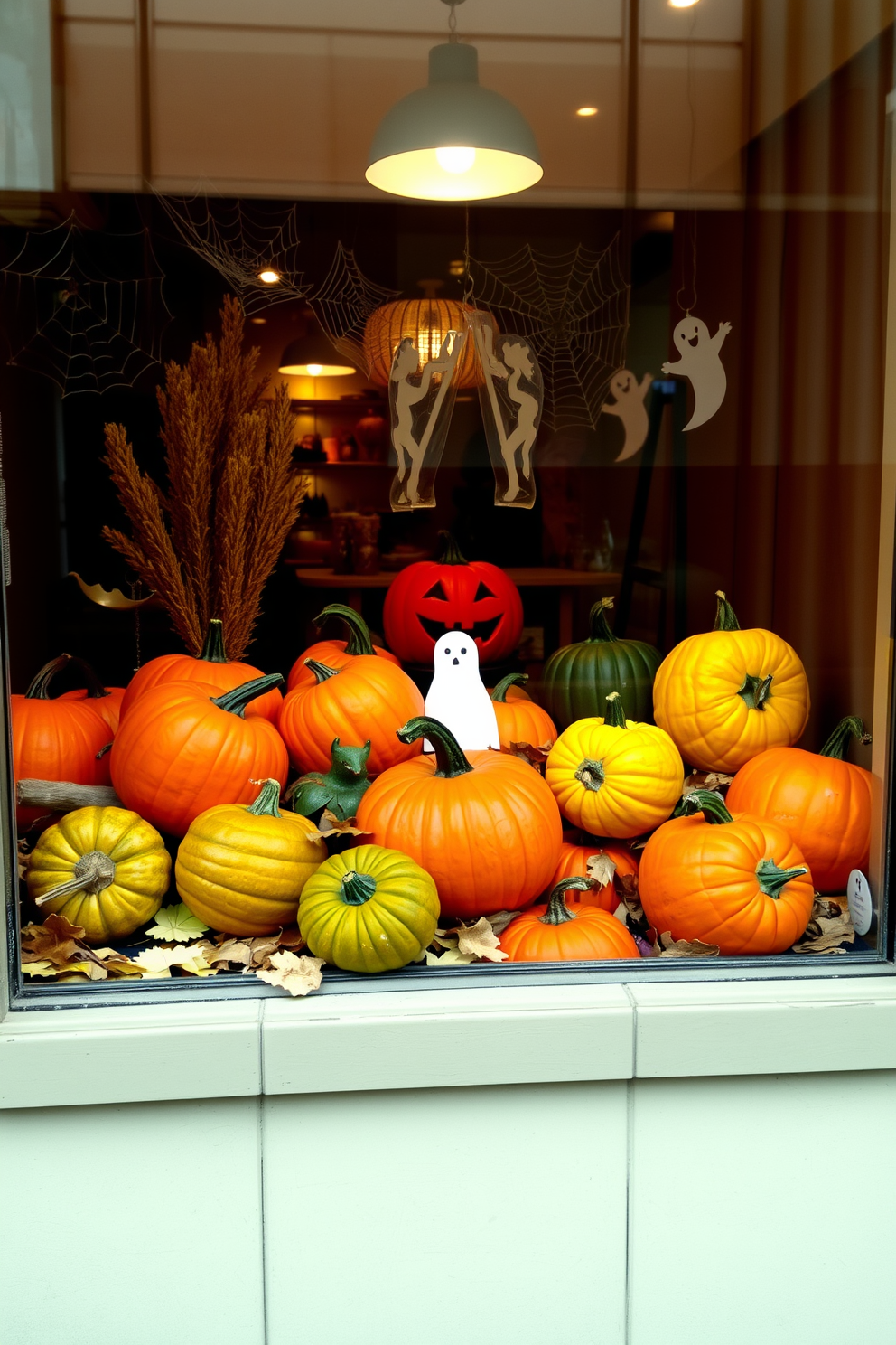 A chilling Halloween window display featuring glass surfaces smeared with bloody handprints. The eerie effect is enhanced by dim lighting that casts shadows, creating a haunting atmosphere.