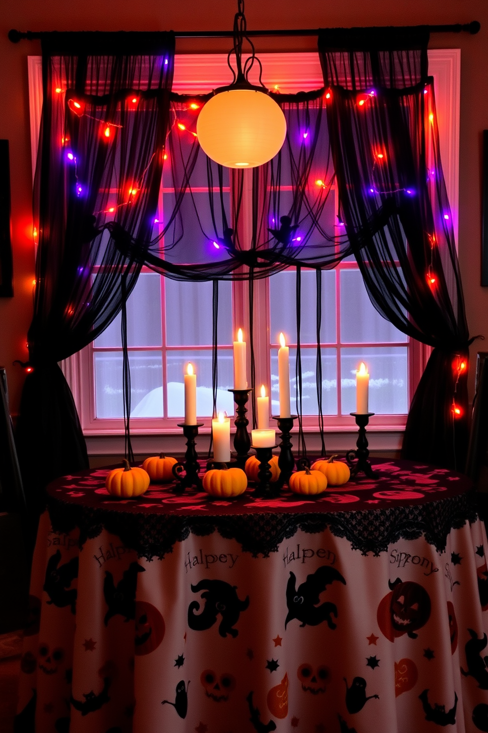 A festive tablecloth draped with Halloween motifs creates a vibrant atmosphere. The table is adorned with miniature pumpkins and spooky candles that enhance the seasonal decor. For Halloween window decorating ideas, consider using sheer black curtains adorned with ghostly silhouettes. Add string lights in orange and purple to illuminate the windows and create a hauntingly inviting scene.