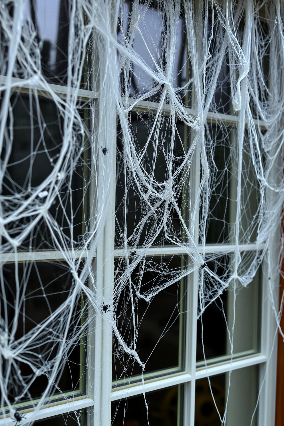 Creepy spider webs draped across windows create an eerie atmosphere perfect for Halloween. The webs are thick and tangled, with small plastic spiders hidden within, enhancing the spooky effect.