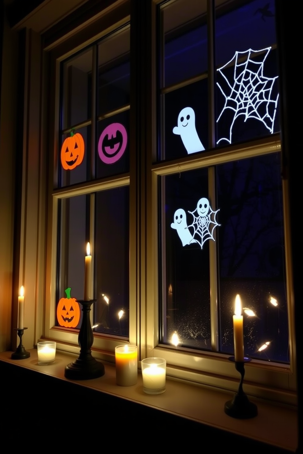 Flickering candles are placed in window sills, casting a warm glow that enhances the spooky ambiance. The window decorations feature playful Halloween motifs such as pumpkins, ghosts, and cobwebs, adding a festive touch to the overall design.