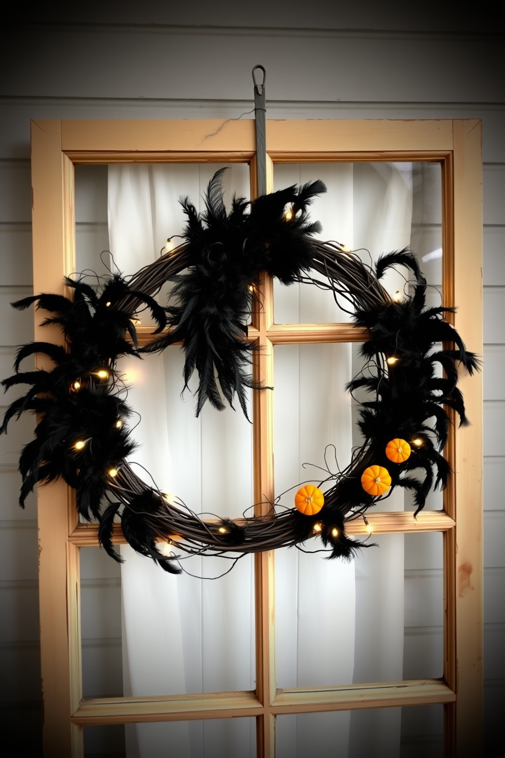 A witchy wreath adorned with black feathers hangs prominently on a vintage wooden window frame. The wreath is accented with small pumpkins and twinkling fairy lights, creating an enchanting atmosphere for Halloween.