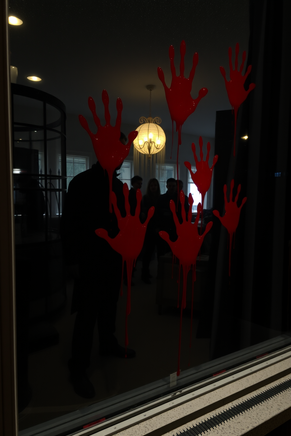 A spooky Halloween window display featuring eerie bloody handprints smeared across the glass. The scene is enhanced with dim lighting and shadowy silhouettes in the background to create a chilling atmosphere.