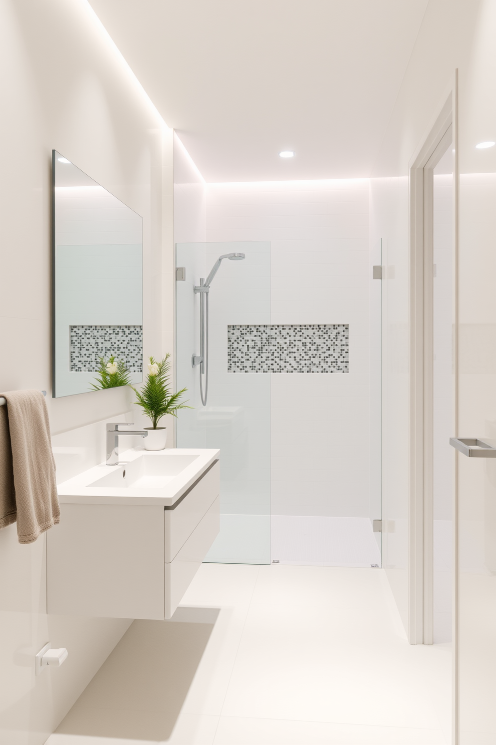 A modern minimalist hallway bathroom features sleek white tiles that create a clean and bright atmosphere. The accents include a floating vanity with a simple design and a large frameless mirror that enhances the sense of space. The shower area is enclosed with clear glass, showcasing a rainfall showerhead and a subtle mosaic tile accent wall. Soft ambient lighting highlights the minimalist decor while a small potted plant adds a touch of greenery to the serene environment.