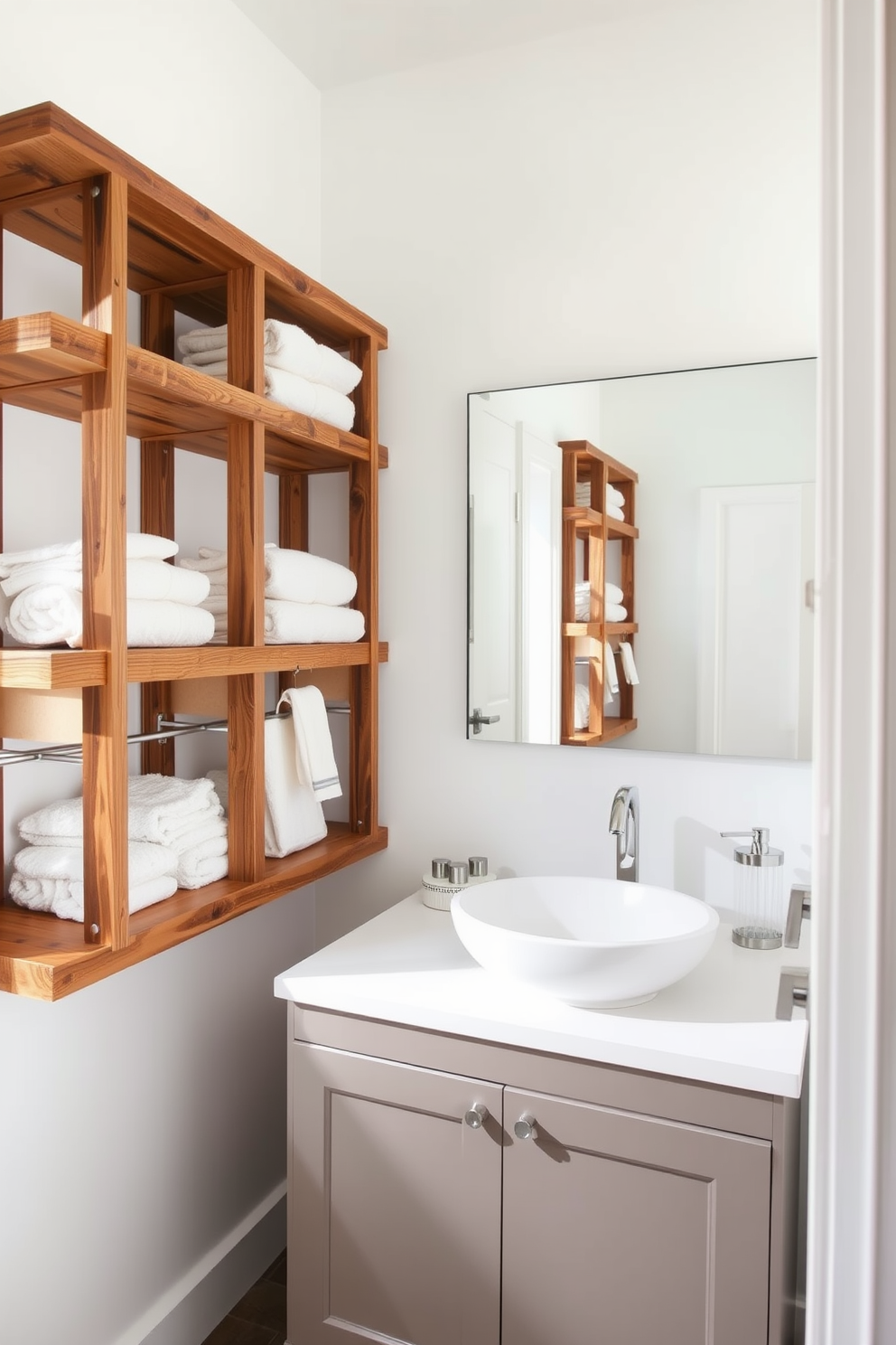 Open shelving lines the walls of a bright hallway bathroom, providing easy access to neatly arranged towels and toiletries. The shelves are made of reclaimed wood, adding warmth to the space, while the walls are painted in a crisp white to enhance the feeling of openness. Incorporating a sleek vanity with a vessel sink, the bathroom features a modern touch with brushed nickel fixtures. A large mirror above the vanity reflects natural light, creating an inviting atmosphere perfect for relaxation.