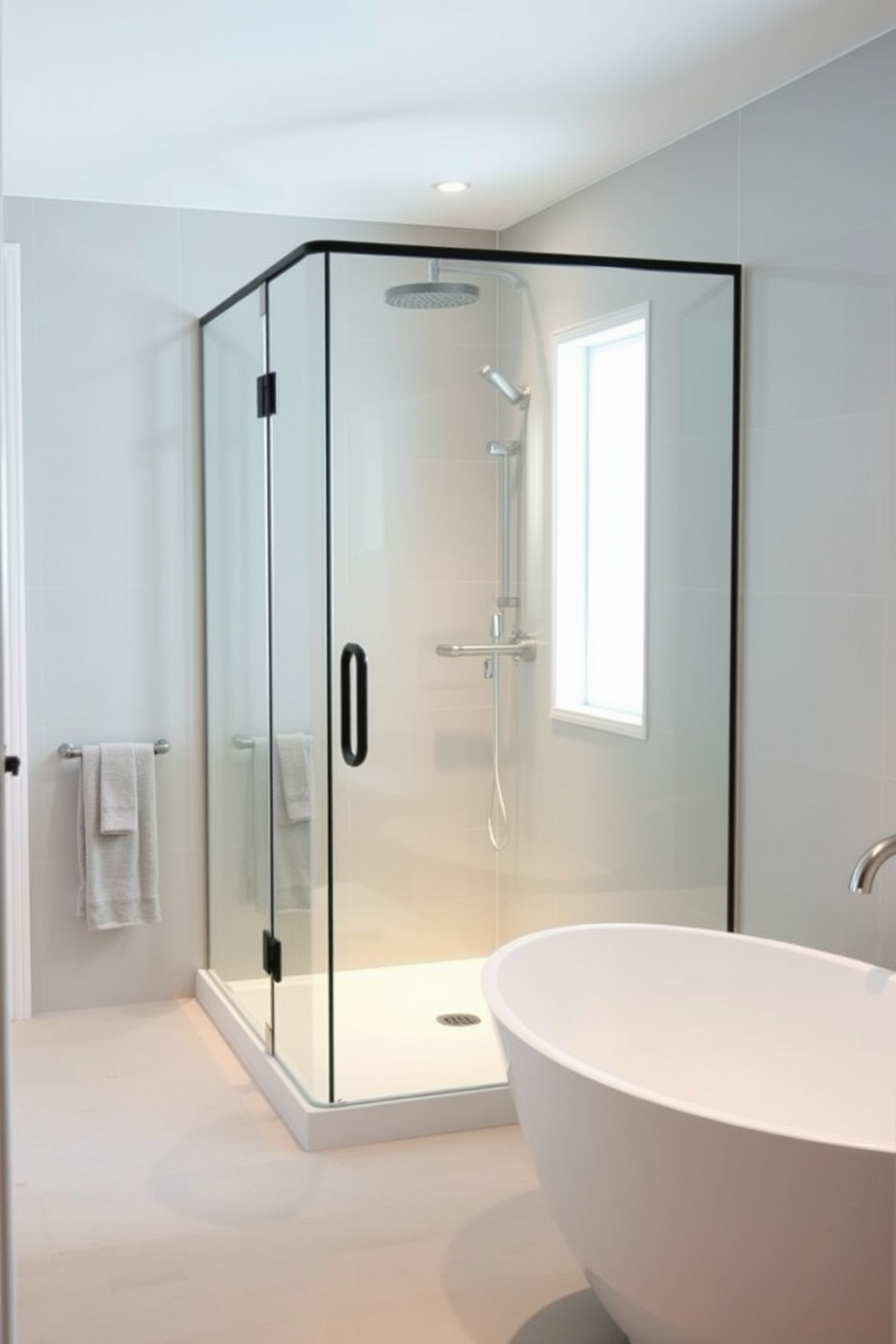 An elegant glass shower enclosure stands as the centerpiece of the hallway bathroom. The sleek design features a frameless glass door that opens to reveal a spacious interior with modern fixtures. The walls are adorned with soft gray tiles that complement the minimalist aesthetic. A stylish freestanding bathtub is positioned nearby, creating a serene atmosphere perfect for relaxation.