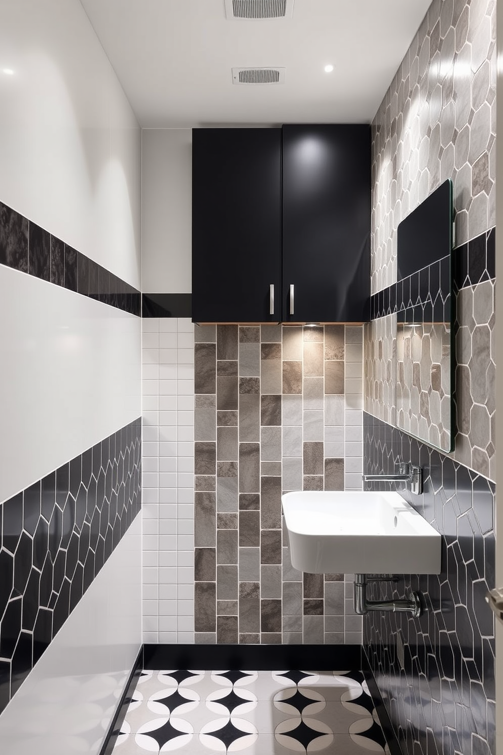 A hallway bathroom featuring striking geometric tile patterns that create a sense of visual interest. The tiles are arranged in a bold color scheme, enhancing the overall aesthetic of the space while providing a contemporary touch. The walls are adorned with sleek cabinetry that complements the tile design, offering both style and functionality. Soft lighting fixtures are strategically placed to illuminate the area, highlighting the unique patterns and textures throughout the bathroom.