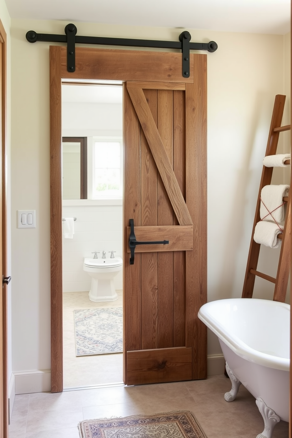 Rustic barn door for unique entryway. The door is made of reclaimed wood with a weathered finish, featuring wrought iron hardware that adds character. Hallway bathroom design ideas. The space incorporates a vintage clawfoot bathtub, complemented by a wooden ladder for towel storage and soft, ambient lighting.