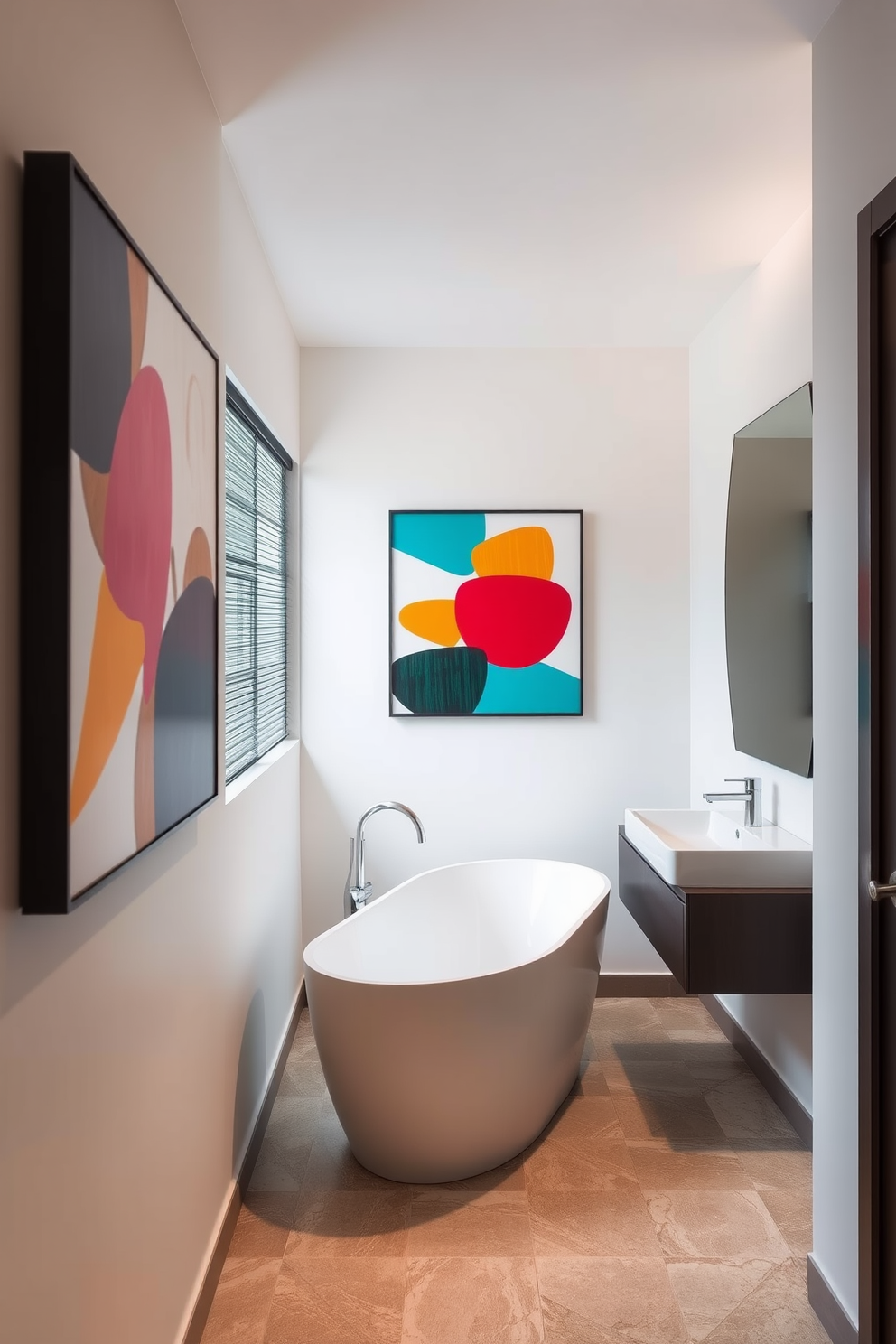 A hallway adorned with bold artwork that draws the eye and enhances the wall space. The artwork features vibrant colors and abstract shapes, creating a dynamic focal point in the otherwise neutral-toned corridor. A stylish bathroom showcasing innovative design ideas. The space includes a freestanding tub, sleek fixtures, and a combination of textured tiles that add depth and interest to the overall aesthetic.