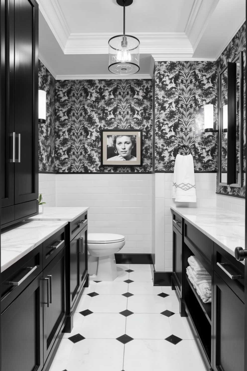 Chic black and white color scheme hallway bathroom featuring sleek black cabinetry with white marble countertops. The walls are adorned with elegant black and white wallpaper, and the floor is covered in large white tiles with black geometric patterns.