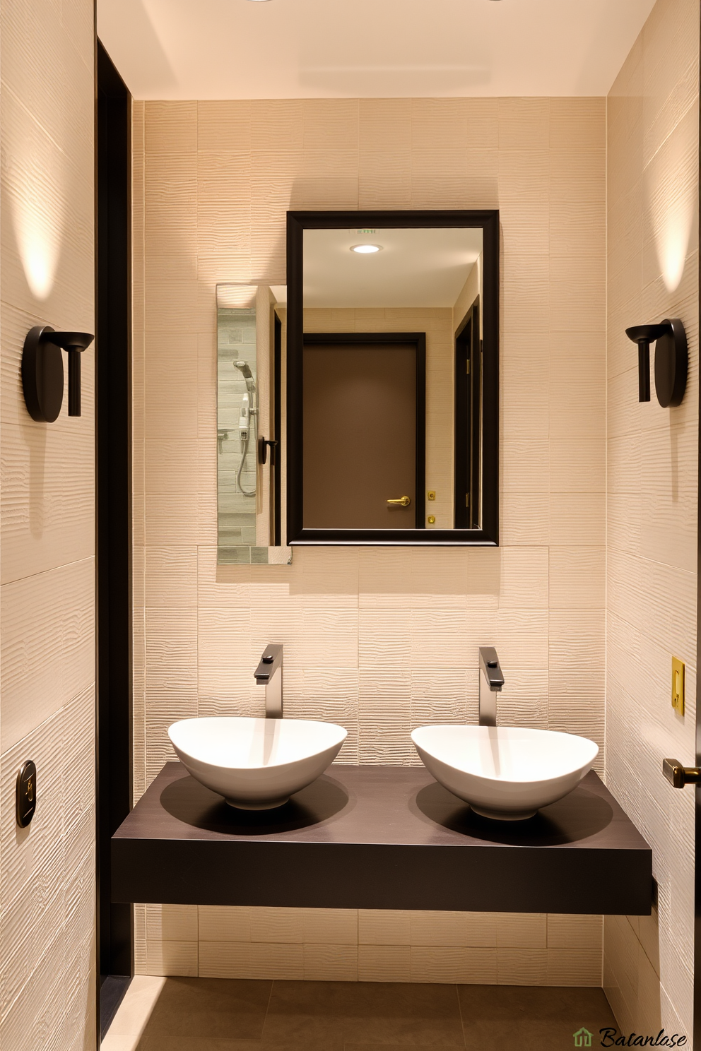 A hallway bathroom featuring unique sink designs as focal points. The sinks are artistically shaped and mounted on a sleek floating vanity, surrounded by elegant wall sconces that provide warm lighting. The walls are adorned with textured tiles in soft neutral tones, creating a calming atmosphere. A large, framed mirror hangs above the sinks, reflecting the stylish decor and enhancing the space's openness.