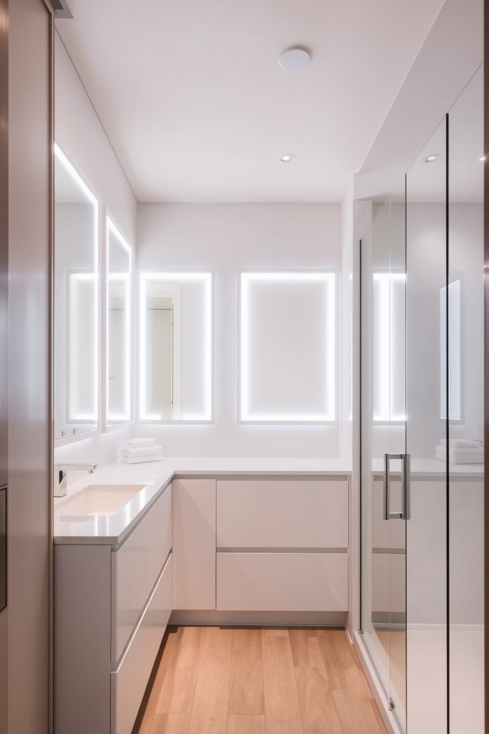 A chic hallway bathroom features integrated shelving that elegantly displays neatly folded towels and curated toiletries. The shelving is designed with a modern aesthetic, complemented by soft lighting that enhances the space's inviting atmosphere.