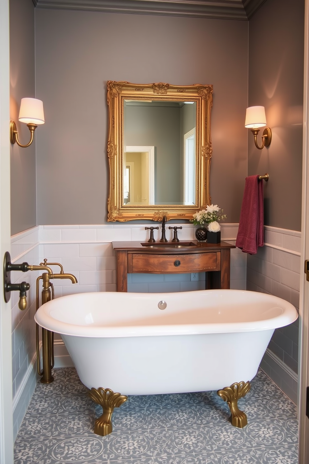 A vintage clawfoot tub with elegant gold fixtures sits prominently in the center of the bathroom. The walls are adorned with soft pastel wallpaper, and delicate sconces provide warm lighting. Adjacent to the tub, a rustic wooden ladder displays neatly rolled towels. The floor features classic black and white checkered tiles, adding a timeless charm to the space.