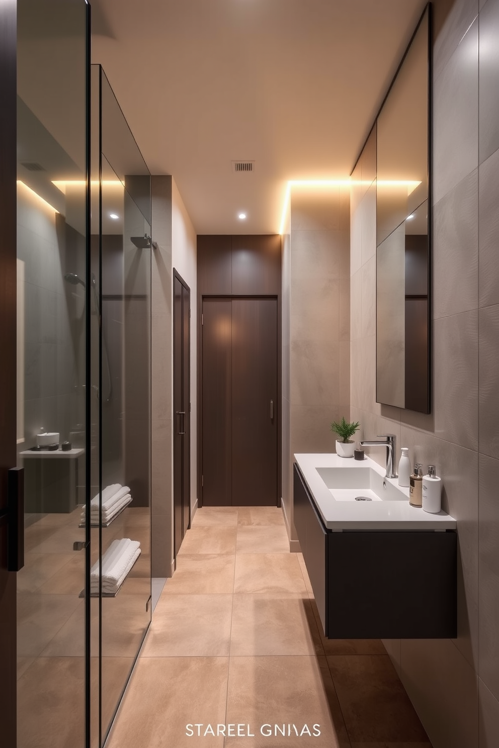 A modern hallway bathroom that maximizes space with clever storage solutions. The design features a sleek floating vanity with integrated shelving and a frameless glass shower enclosure. Soft ambient lighting creates a warm atmosphere, while large mirrors enhance the sense of space. Neutral tones and textured tiles add depth, complemented by stylish accessories for a polished finish.