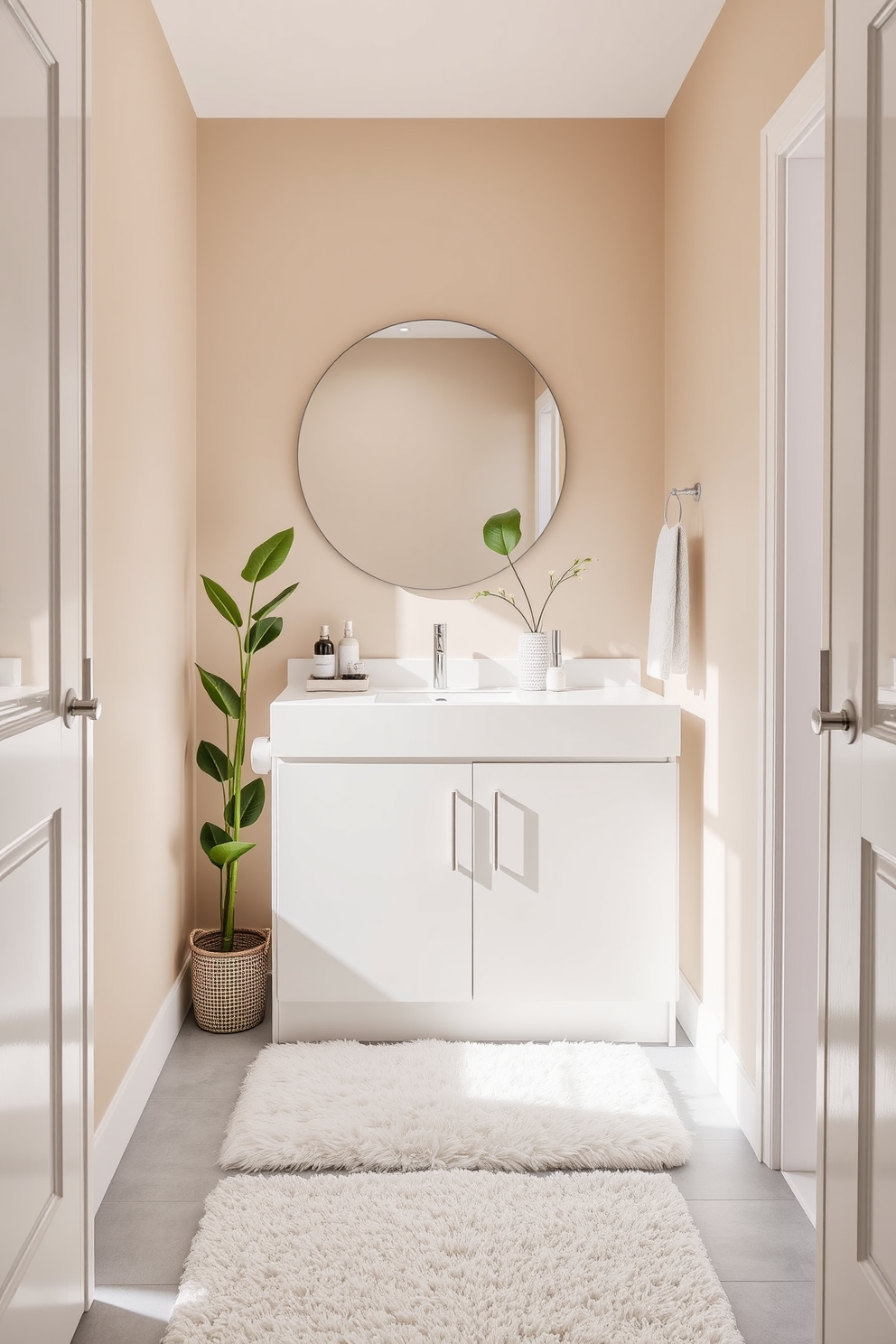 A stylish hallway bathroom featuring decorative plants that bring a fresh touch to the space. The walls are painted in a soft beige, complemented by a sleek white vanity with a polished chrome faucet and a large round mirror above it. In one corner, a tall leafy plant in a decorative pot adds a vibrant green element. The floor is adorned with light gray tiles, and a plush white rug lies in front of the vanity, creating a cozy atmosphere.