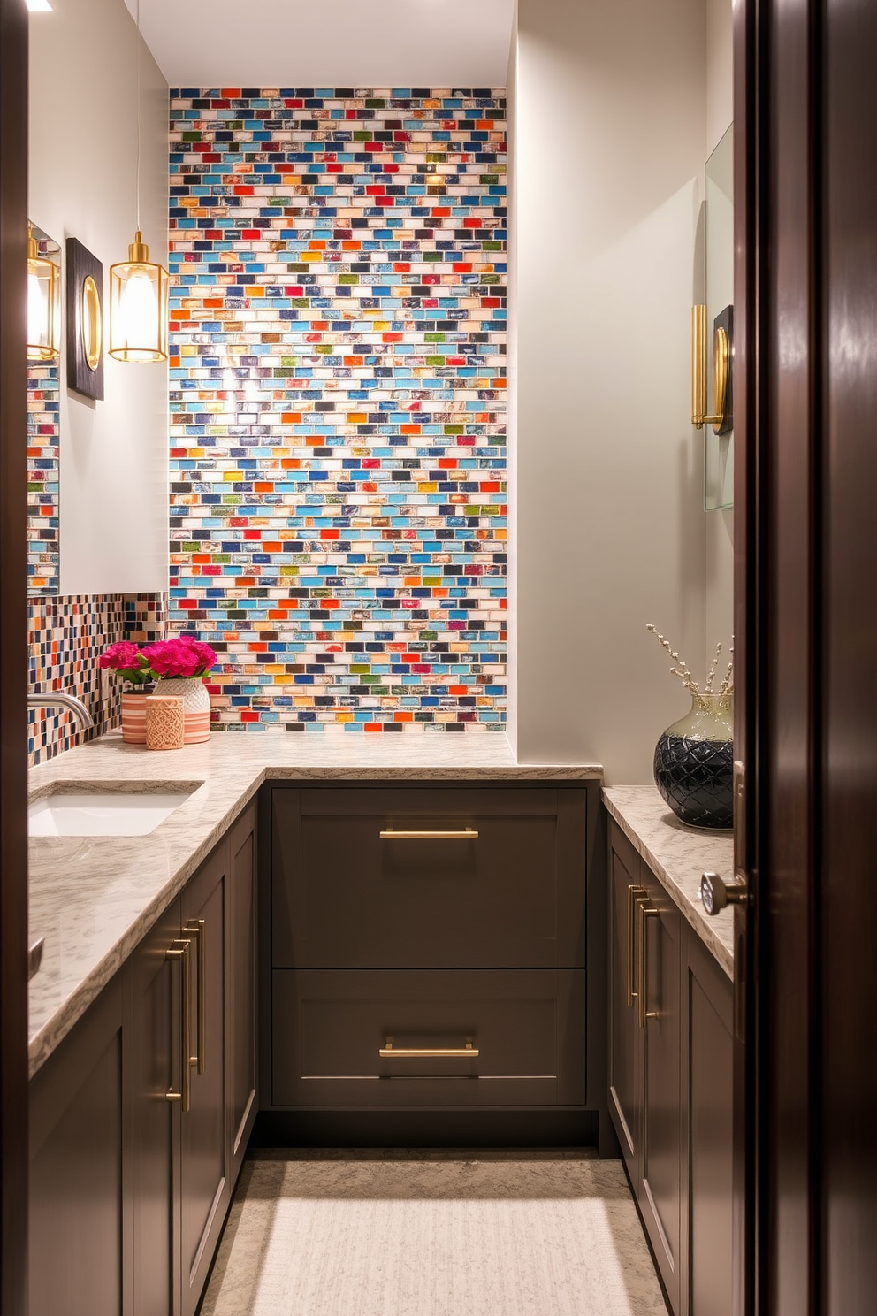 Artistic backsplash to add character. The backsplash features a vibrant mosaic of colorful tiles that create a stunning focal point in the space. Hallway bathroom design ideas. The design includes sleek cabinetry with a modern finish, complemented by elegant lighting fixtures that enhance the overall ambiance.