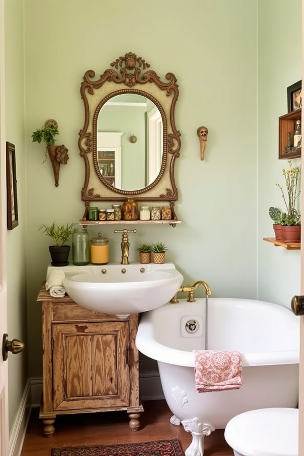 A charming hallway bathroom features vintage accessories that add character and warmth. A classic clawfoot bathtub sits against the wall, adorned with an antique brass faucet and a collection of colorful glass jars on the edge. The walls are painted in a soft pastel hue, complemented by a distressed wooden cabinet that holds neatly rolled towels. A vintage mirror with a decorative frame hangs above a porcelain sink, surrounded by an assortment of quaint knick-knacks and potted plants.