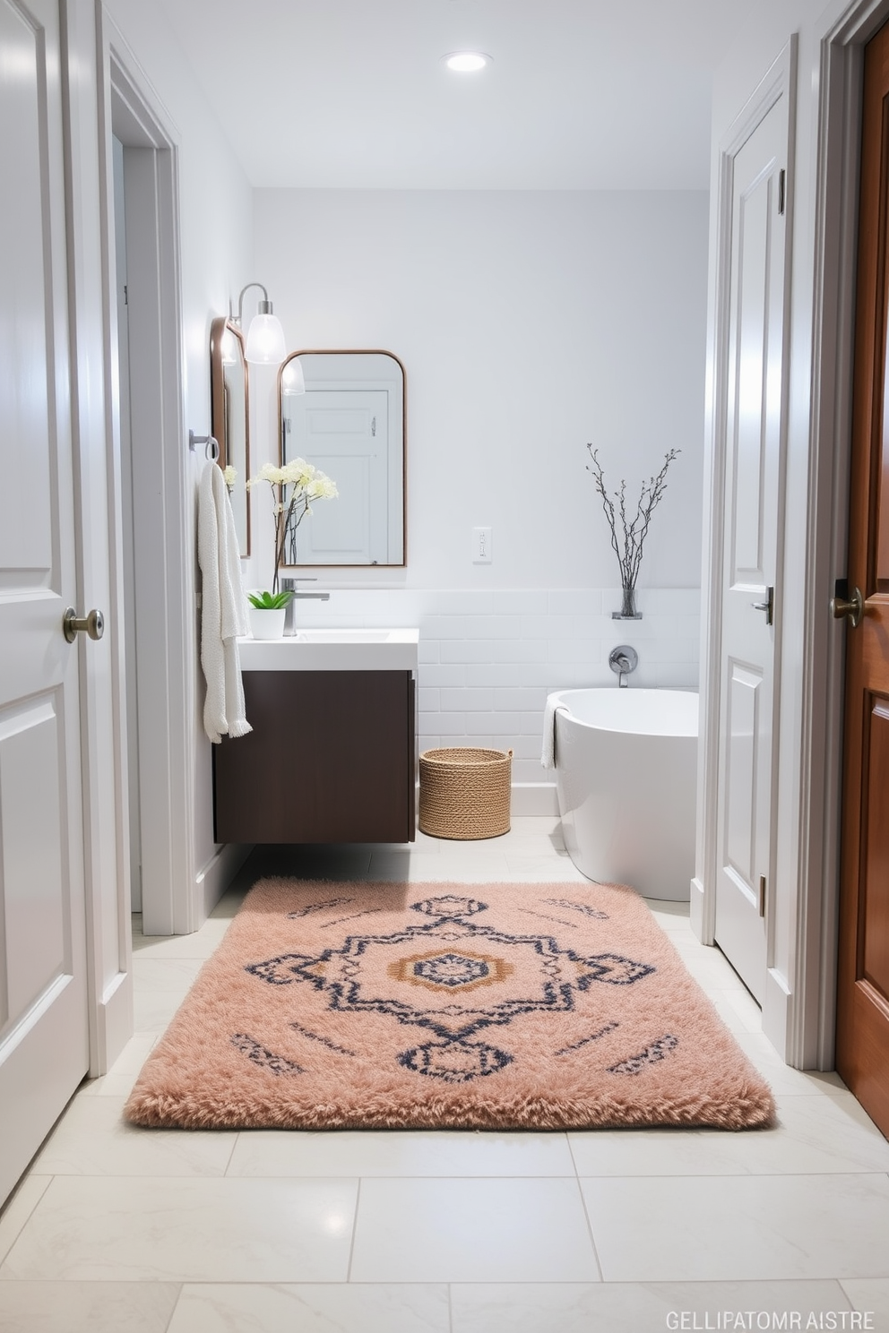 A stylish hallway bathroom features a plush area rug that adds warmth and texture to the space. The rug is positioned under a sleek vanity, enhancing the overall aesthetic while providing comfort underfoot. The bathroom showcases a modern design with clean lines and a minimalist color palette. A decorative rug defines the area near the bathtub, creating a cozy and inviting atmosphere.