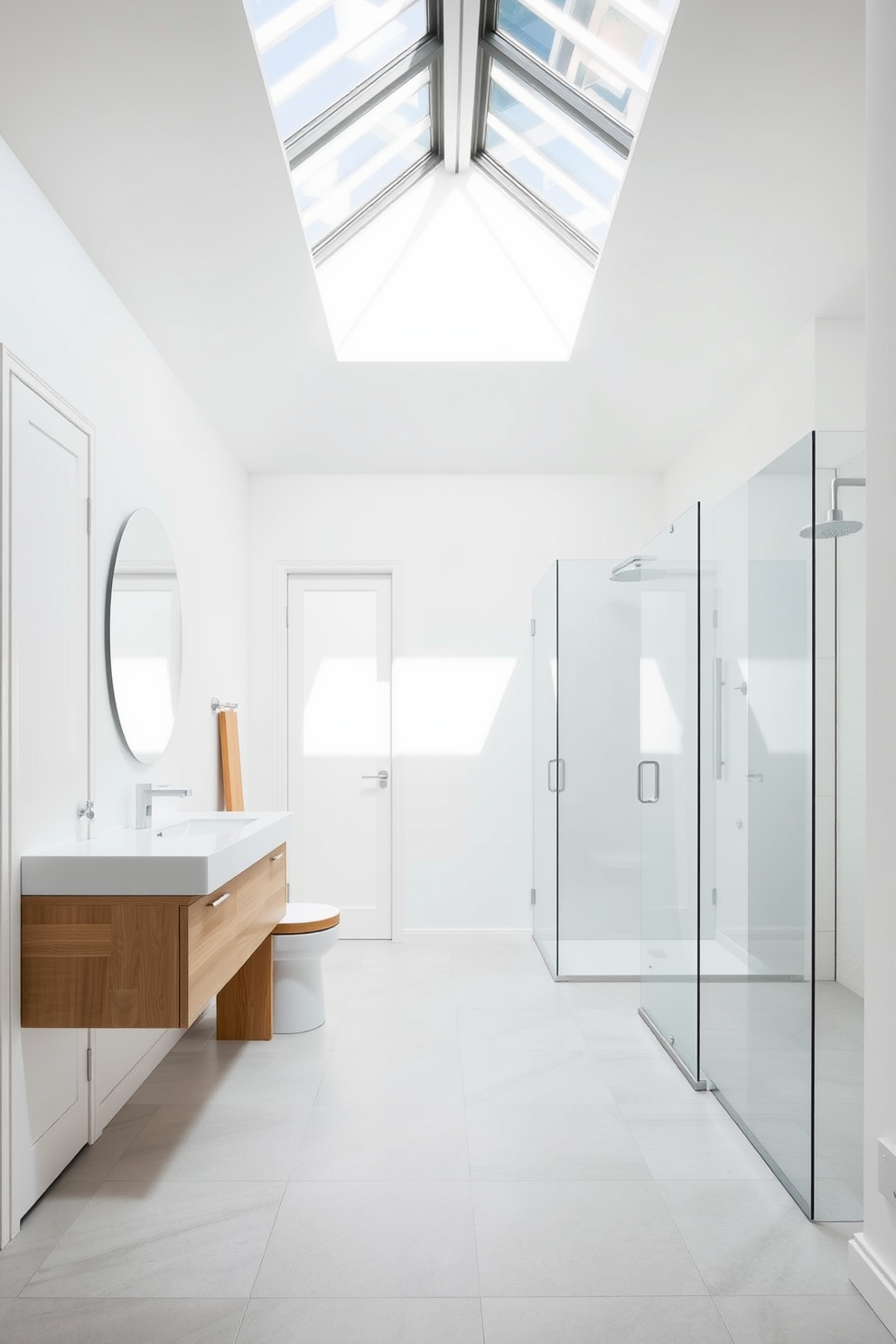 Bright and airy hallway bathroom featuring a large skylight that floods the space with natural light. The walls are painted in a soft white hue, complemented by light wood accents and a sleek floating vanity. The floor is adorned with large format light gray tiles that enhance the open feel. A minimalist glass shower enclosure sits at one end, with a rainfall showerhead for a luxurious touch.