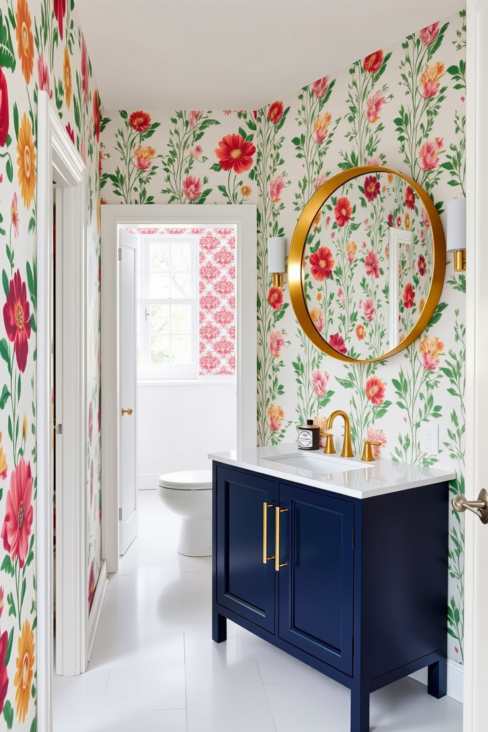 Bright wallpaper with bold patterns creates an eye-catching hallway that sets the tone for the rest of the home. The walls are adorned with vibrant floral designs, while the floor features sleek, light-colored tiles that enhance the overall brightness. In the bathroom, a striking contrast is achieved with a deep navy blue vanity topped with a white quartz countertop. Above the vanity, a large round mirror with a brushed gold frame reflects the playful patterns of the wallpaper, creating a cohesive and stylish look.