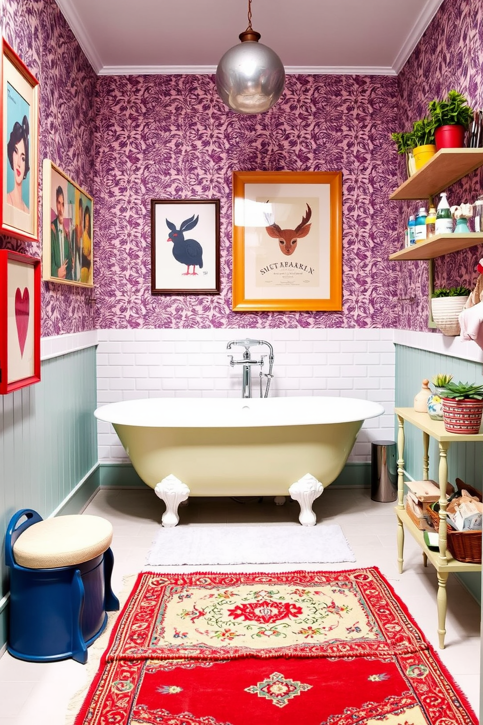 A whimsical hallway bathroom design featuring playful decor elements that reflect a vibrant personality. The walls are adorned with colorful artwork and quirky accessories that create a fun and inviting atmosphere. A freestanding bathtub sits against a backdrop of patterned wallpaper, complemented by a vintage-style rug on the floor. Decorative shelves display unique trinkets and plants, adding a touch of charm and character to the space.